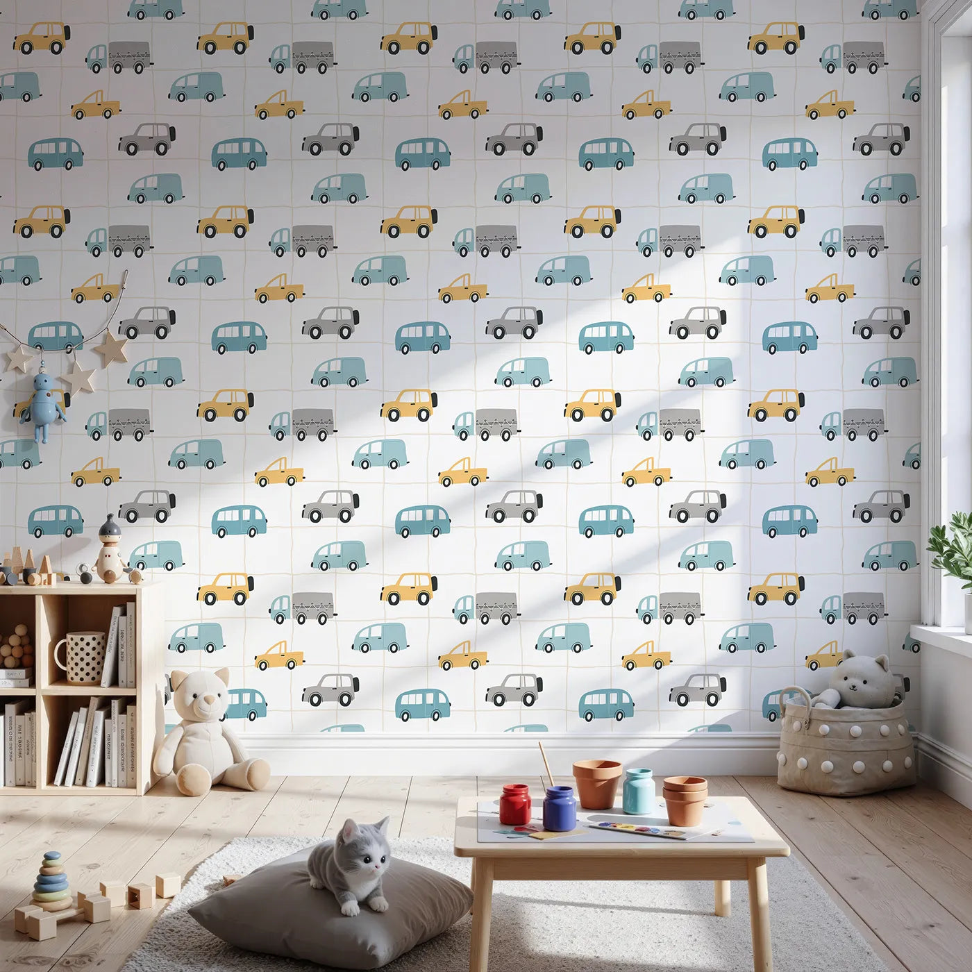 Front view of Whimsy Tots' Gridlock Pals Car and Truck Wallpaper