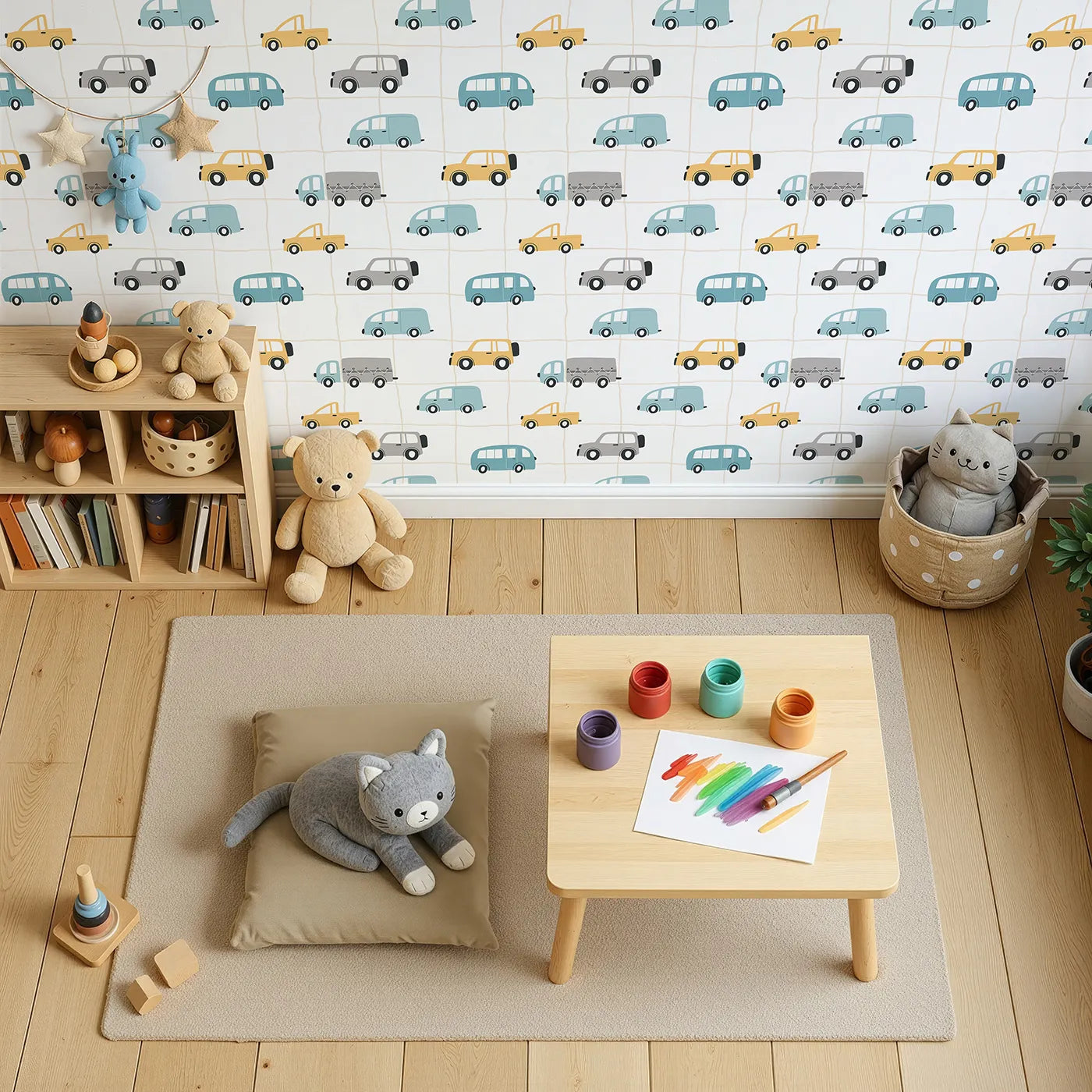 Top-Down view of Whimsy Tots' Gridlock Pals Car and Truck Wallpaper (W2244).Where a friendly traffic jam is always a fun adventure.