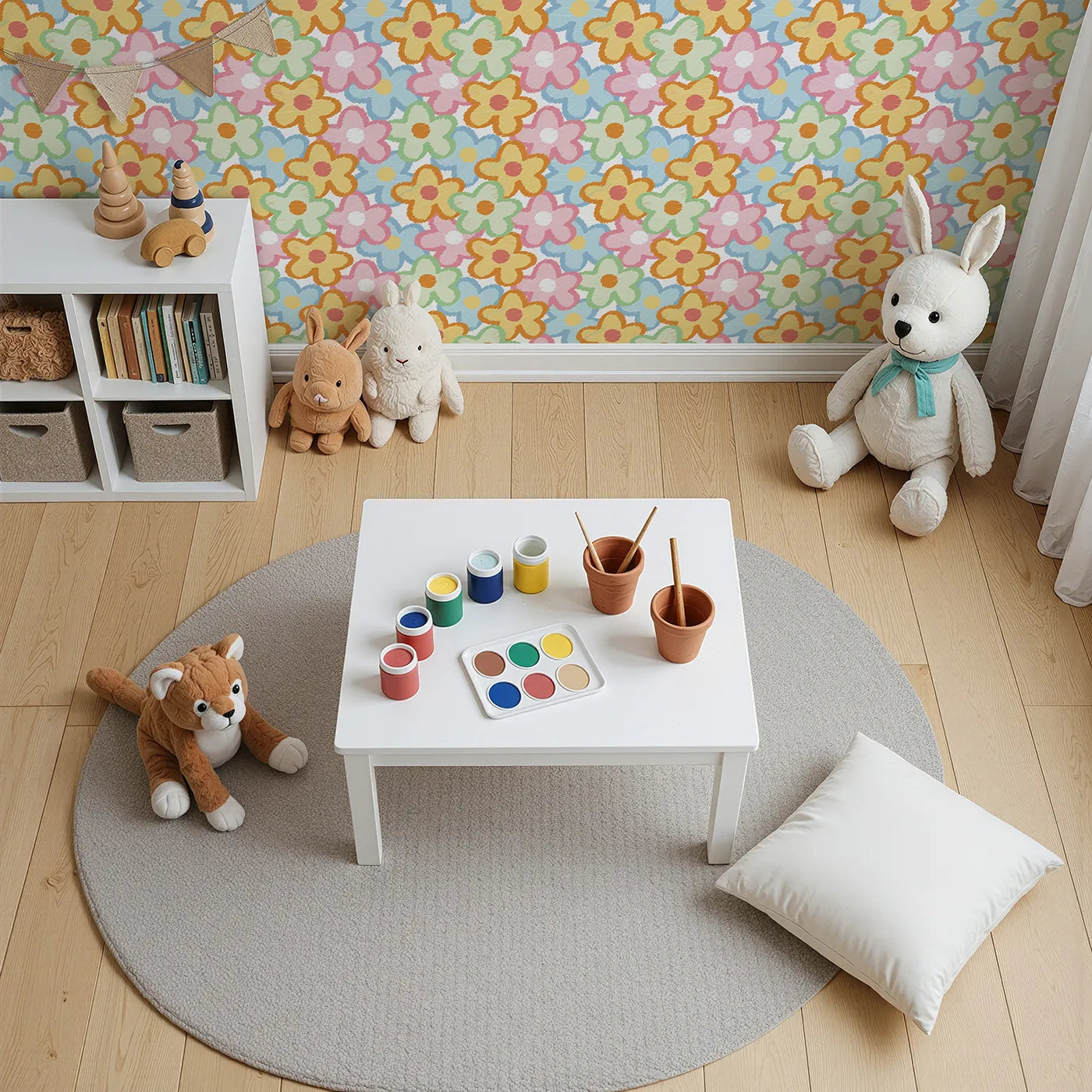 Top-Down view of Whimsy Tots' Scribble Flower Power Wallpaper (W2245).Where a rainbow of scribbled petals creates a world of fun.