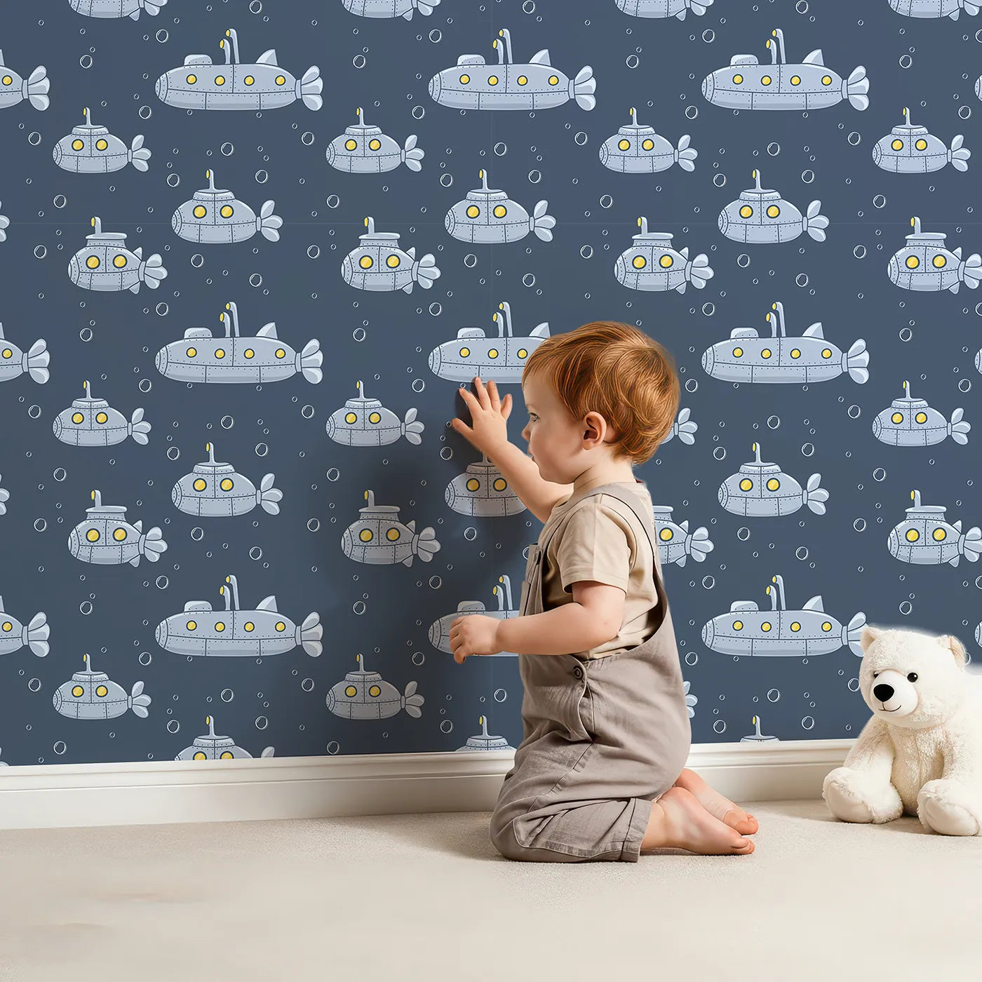 Lovely child standing in front of Whimsy Tots Deep Sea Submarine Wallpaper with submarine, sea, ocean, blue, boat in design.