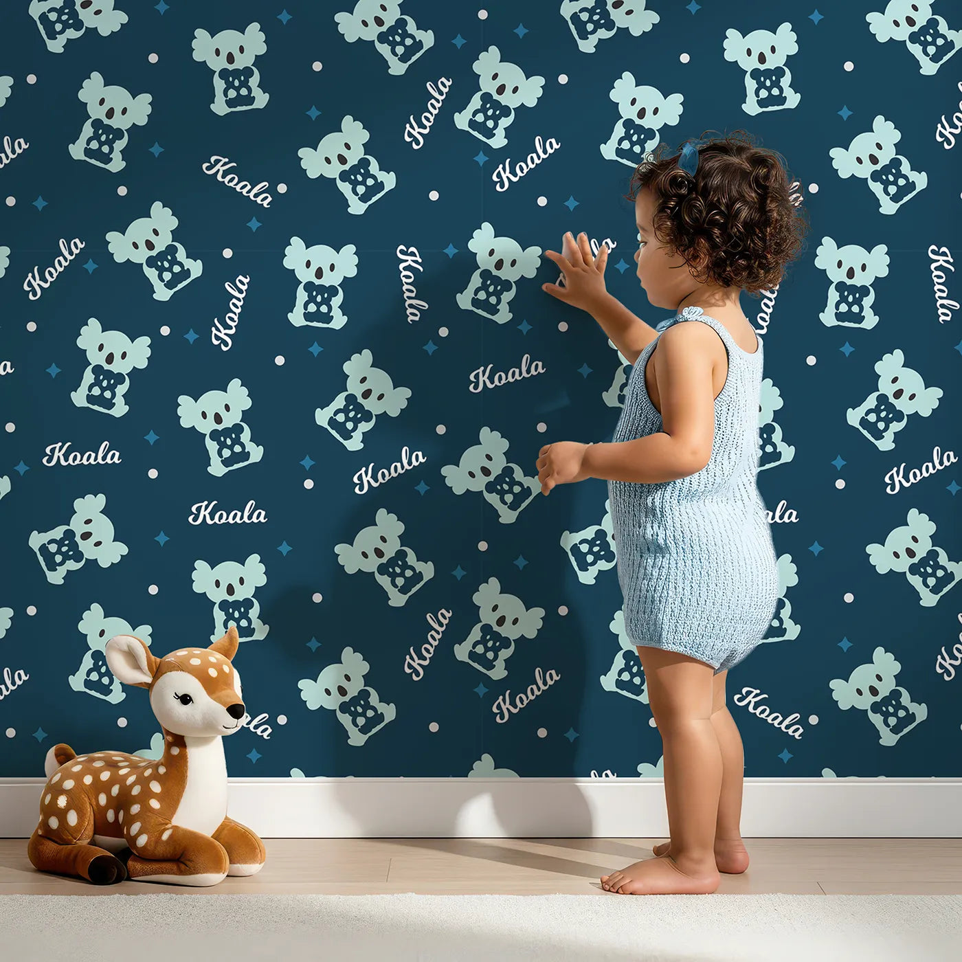 Lovely child standing in front of Whimsy Tots Koala Cuddle Club Wallpaper with koala, silhouette, navy, cute, animal in design.
