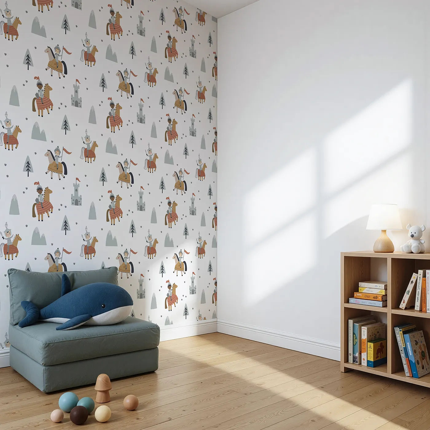Angled view of Whimsy Tots' Brave Knights of the Kingdom Wallpaper (W2249).Where brave knights and their trusty steeds are ready for a quest.