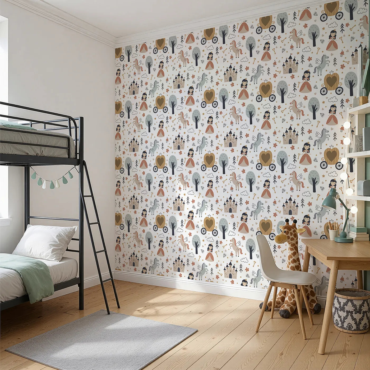 Angled view of Whimsy Tots' Fairytale Princess Garden Wallpaper (W2250).Where every day is a beautiful fairytale waiting to happen.
