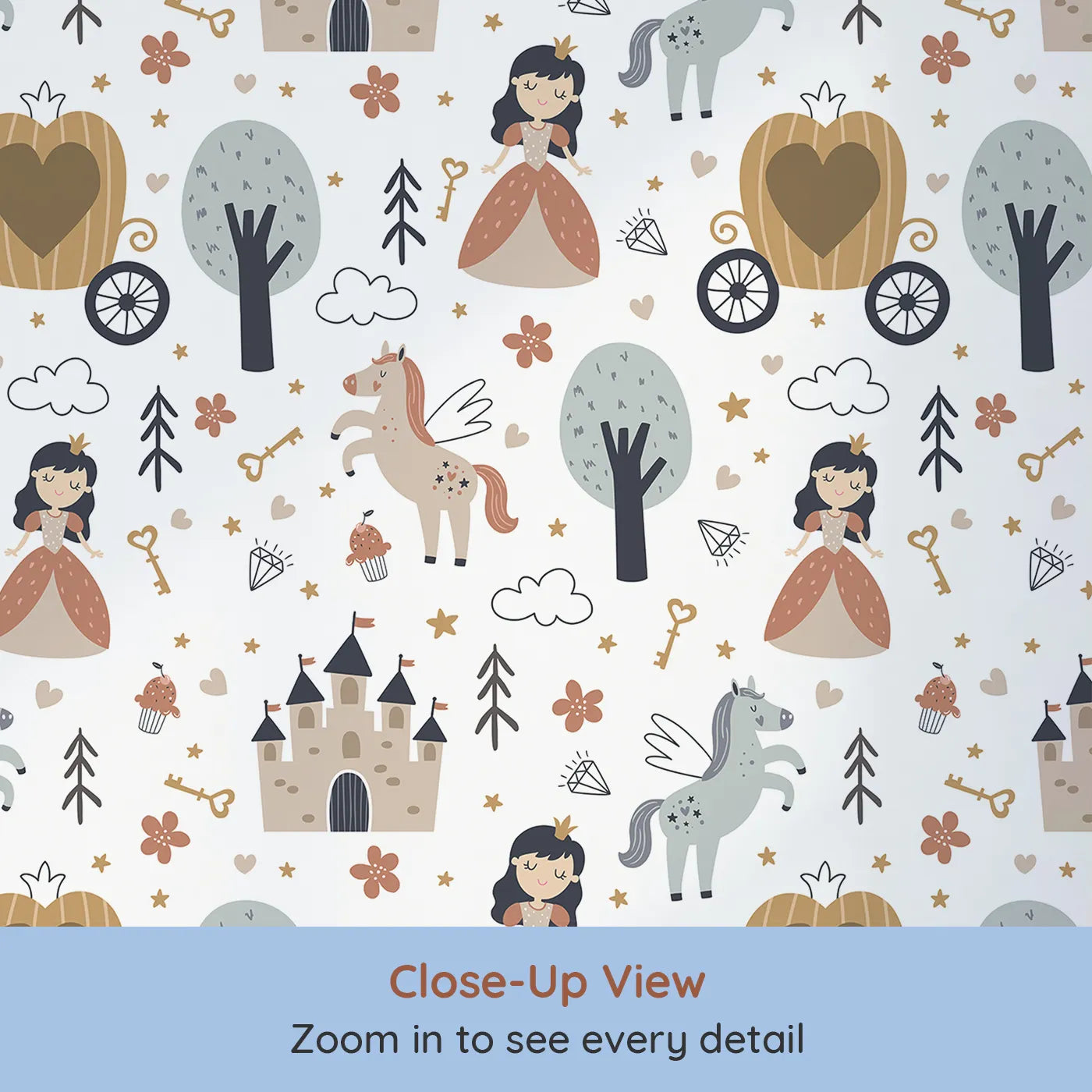 Close-up view of Whimsy Tots' Fairytale Princess Garden Wallpaper (W2250).Where every day is a beautiful fairytale waiting to happen.