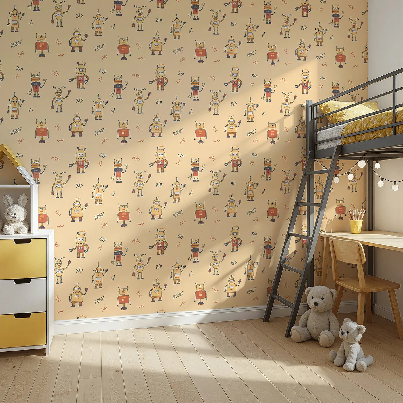 Angled view of Whimsy Tots' Retro Robot Friends Wallpaper (W2251).Where a crew of friendly, hand-drawn robots is ready to play.