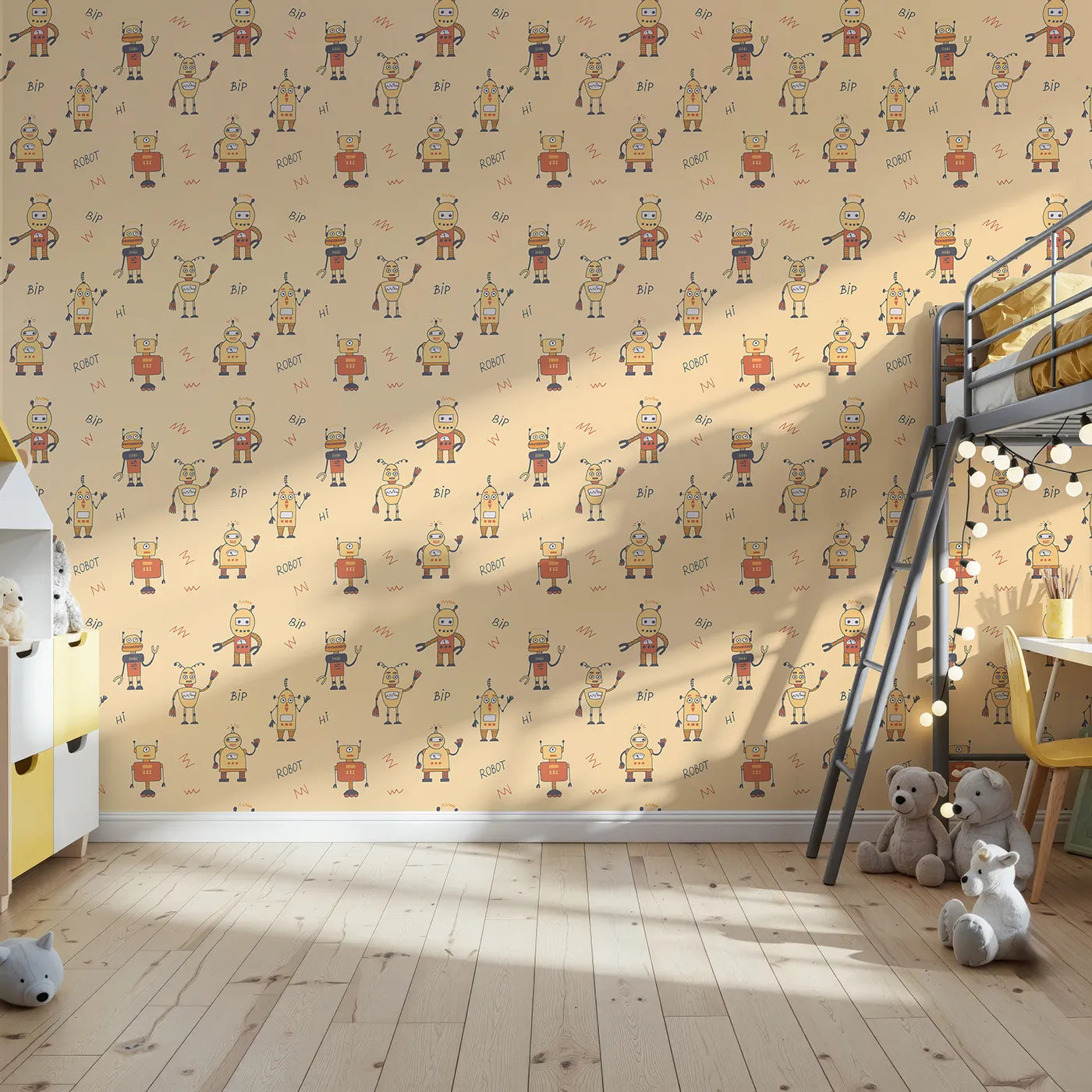 Front view of Whimsy Tots' Retro Robot Friends Wallpaper