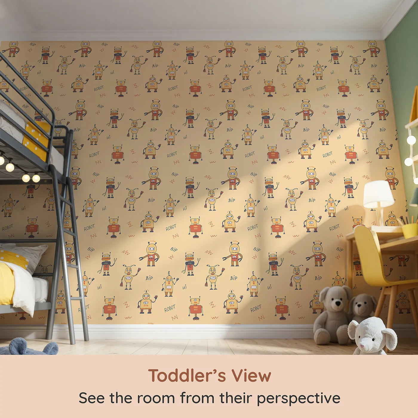 Whimsy Tots Retro Robot Friends Wallpaper (W2251) from your child's view.Where a crew of friendly, hand-drawn robots is ready to play.