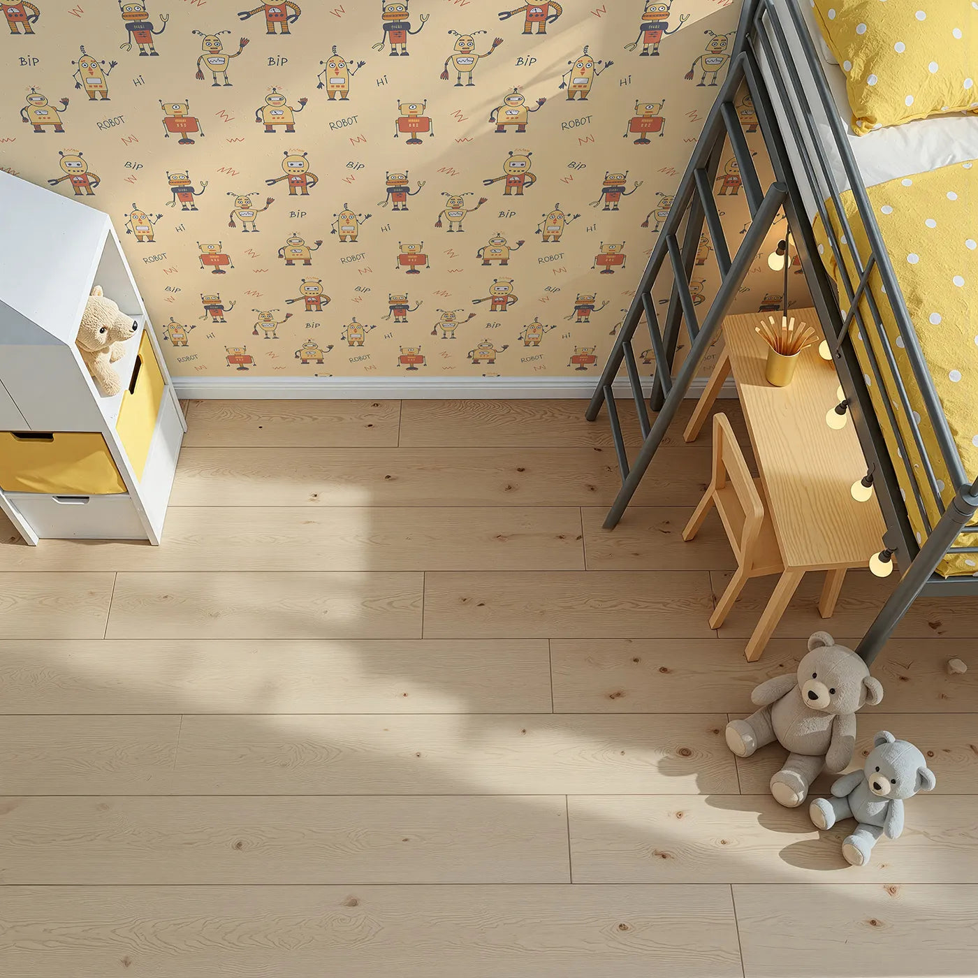 Top-Down view of Whimsy Tots' Retro Robot Friends Wallpaper (W2251).Where a crew of friendly, hand-drawn robots is ready to play.