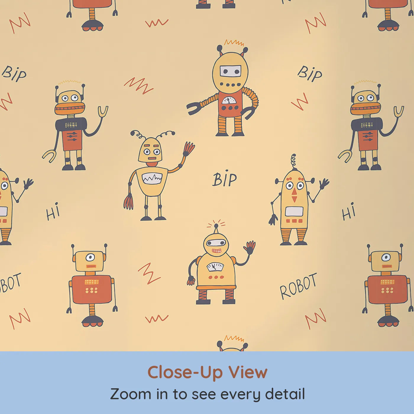 Close-up view of Whimsy Tots' Retro Robot Friends Wallpaper (W2251).Where a crew of friendly, hand-drawn robots is ready to play.