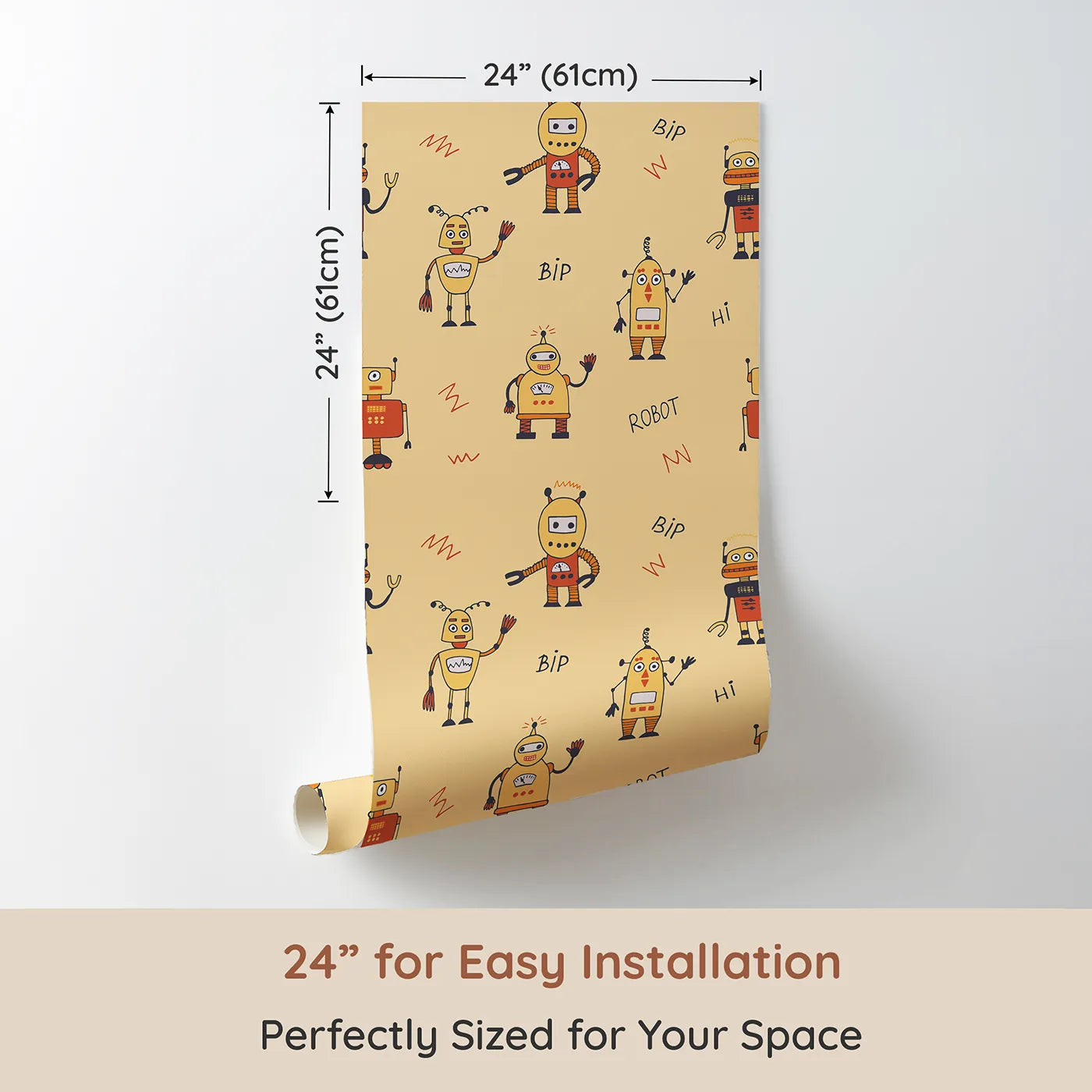 Dimension view of Whimsy Tots Retro Robot Friends Wallpaper (W2251). Printed in 24-inch-wide panel for easy installation. Where a crew of friendly, hand-drawn robots is ready to play.