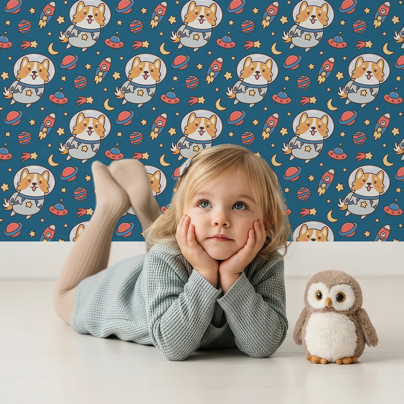 Lovely child standing in front of Whimsy Tots Corgi in Space Adventure Wallpaper with dog, corgi, space, rocket, planet in design.