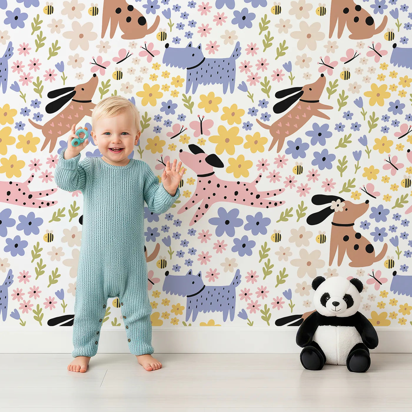 Lovely child standing in front of Whimsy Tots Doggy Day in the Garden Wallpaper with dog, flower, butterfly, garden, cute in design.