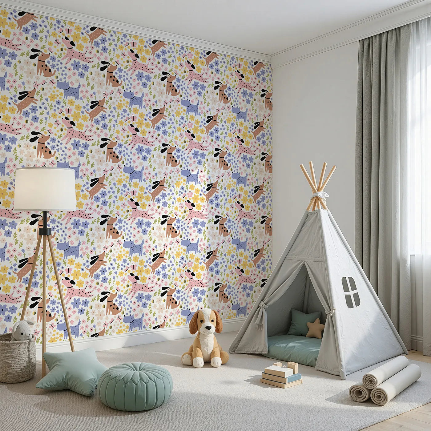 Angled view of Whimsy Tots' Doggy Day in the Garden Wallpaper (W2255).Where playful pups chase butterflies among the flowers.