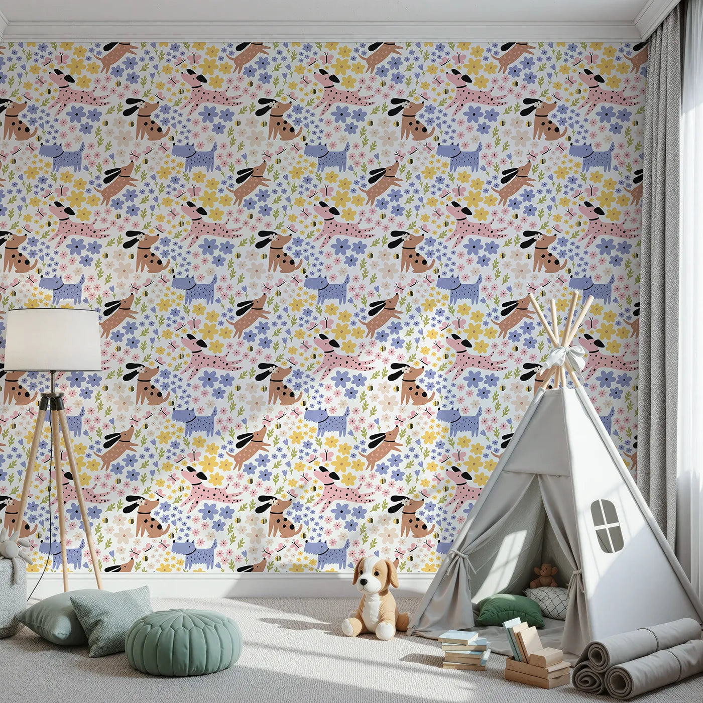 Front view of Whimsy Tots' Doggy Day in the Garden Wallpaper