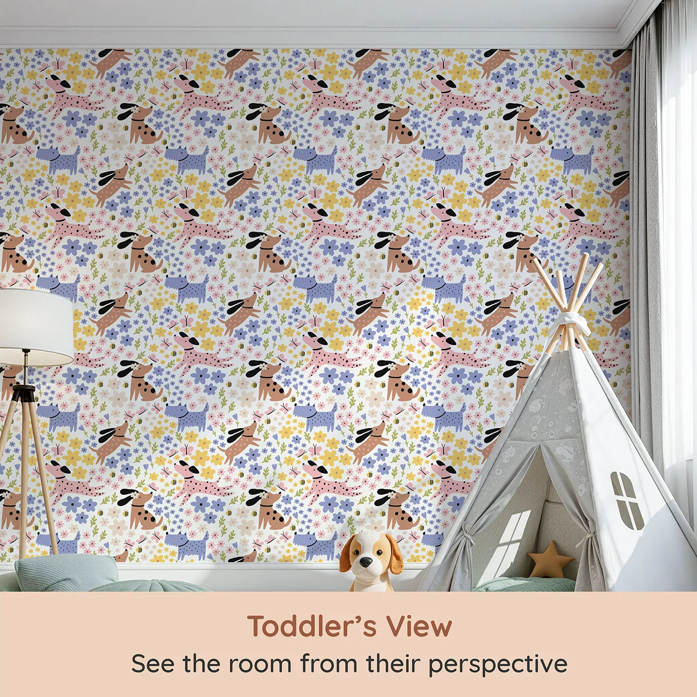 Whimsy Tots Doggy Day in the Garden Wallpaper (W2255) from your child's view.Where playful pups chase butterflies among the flowers.