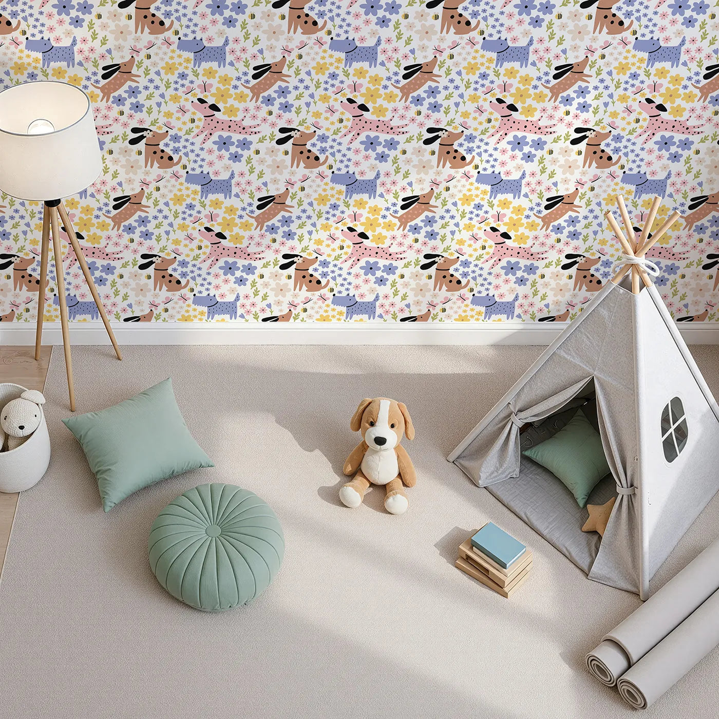 Top-Down view of Whimsy Tots' Doggy Day in the Garden Wallpaper (W2255).Where playful pups chase butterflies among the flowers.