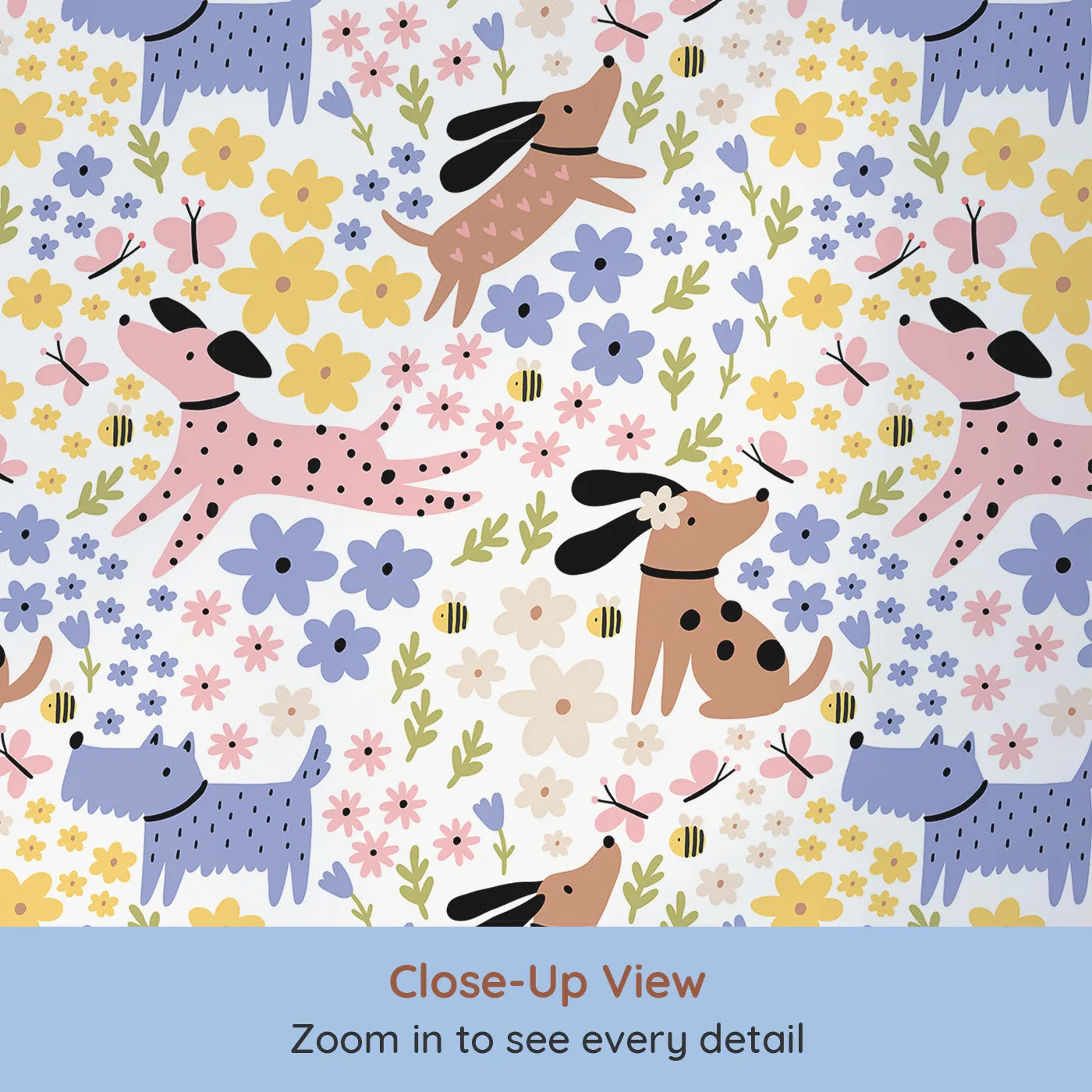 Close-up view of Whimsy Tots' Doggy Day in the Garden Wallpaper (W2255).Where playful pups chase butterflies among the flowers.