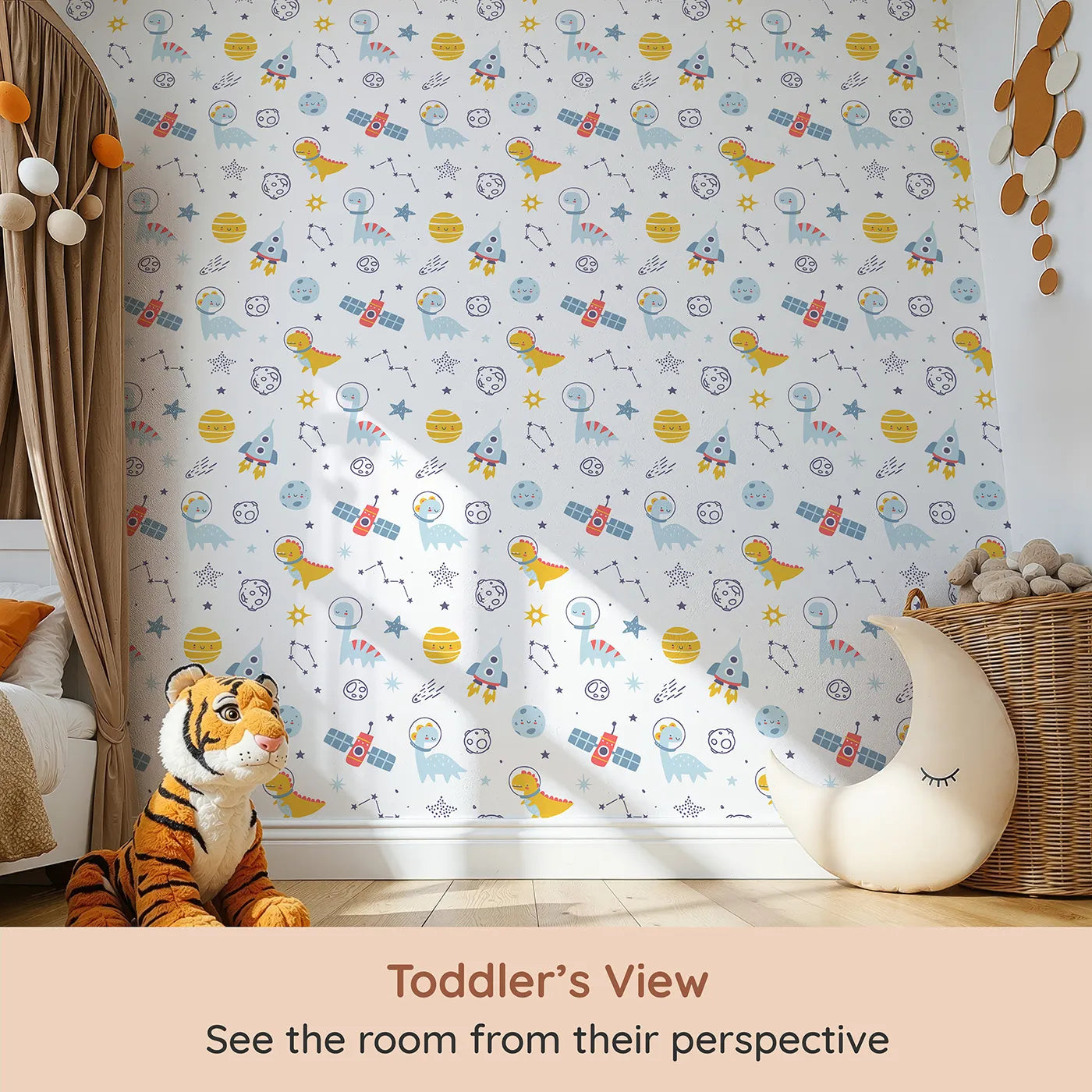Whimsy Tots Dino Space Explorer Wallpaper (W2256) from your child's view.Where gentle dinosaurs discover a friendly, cartoon galaxy.