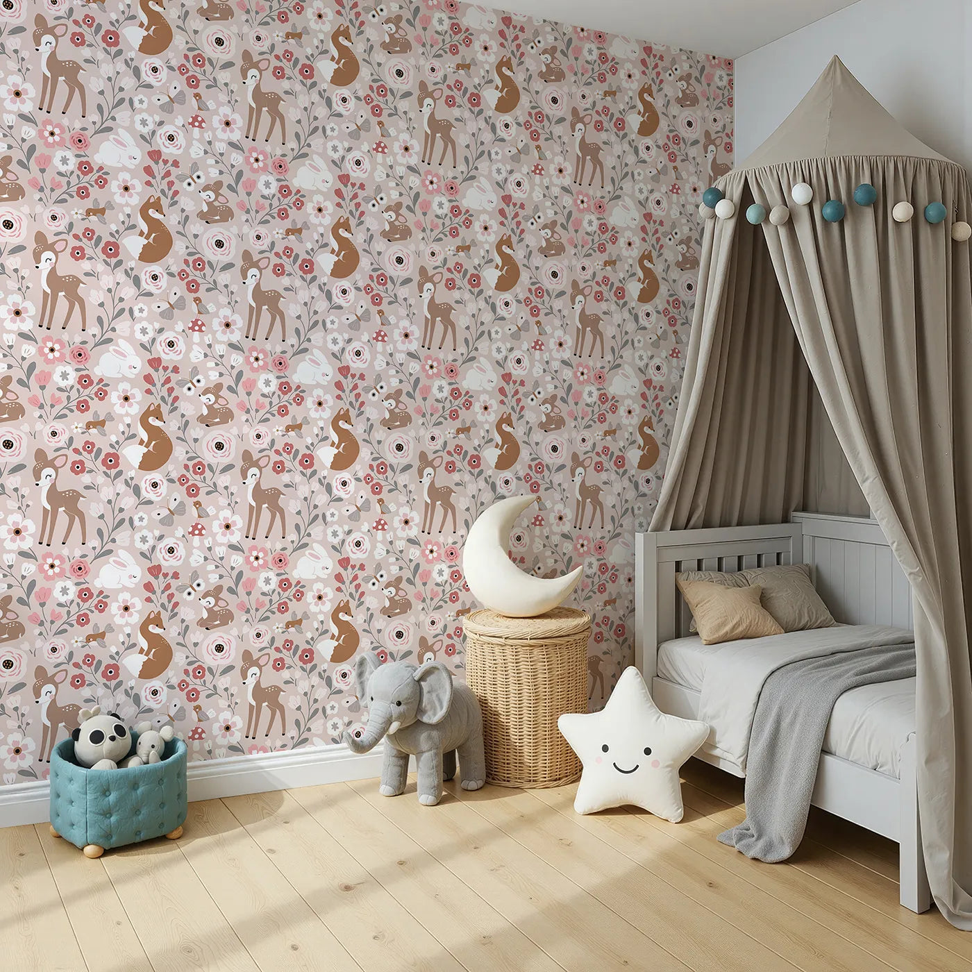 Angled view of Whimsy Tots' Blush Woodland Friends Garden Wallpaper (W2257).Where the cutest woodland creatures play among the flowers.