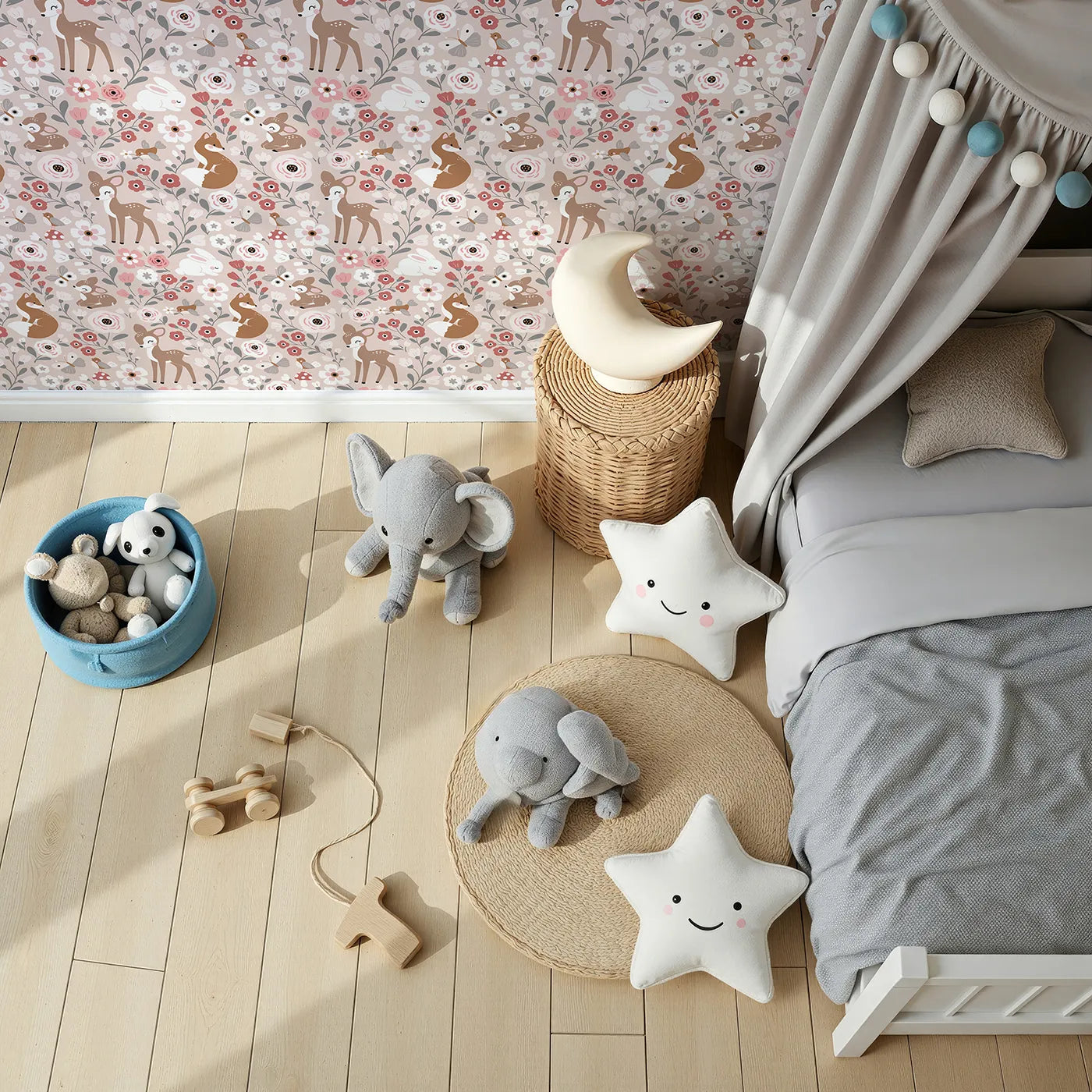 Top-Down view of Whimsy Tots' Blush Woodland Friends Garden Wallpaper (W2257).Where the cutest woodland creatures play among the flowers.