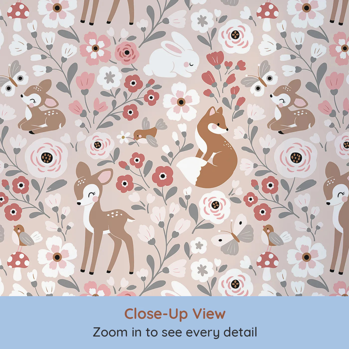Close-up view of Whimsy Tots' Blush Woodland Friends Garden Wallpaper (W2257).Where the cutest woodland creatures play among the flowers.