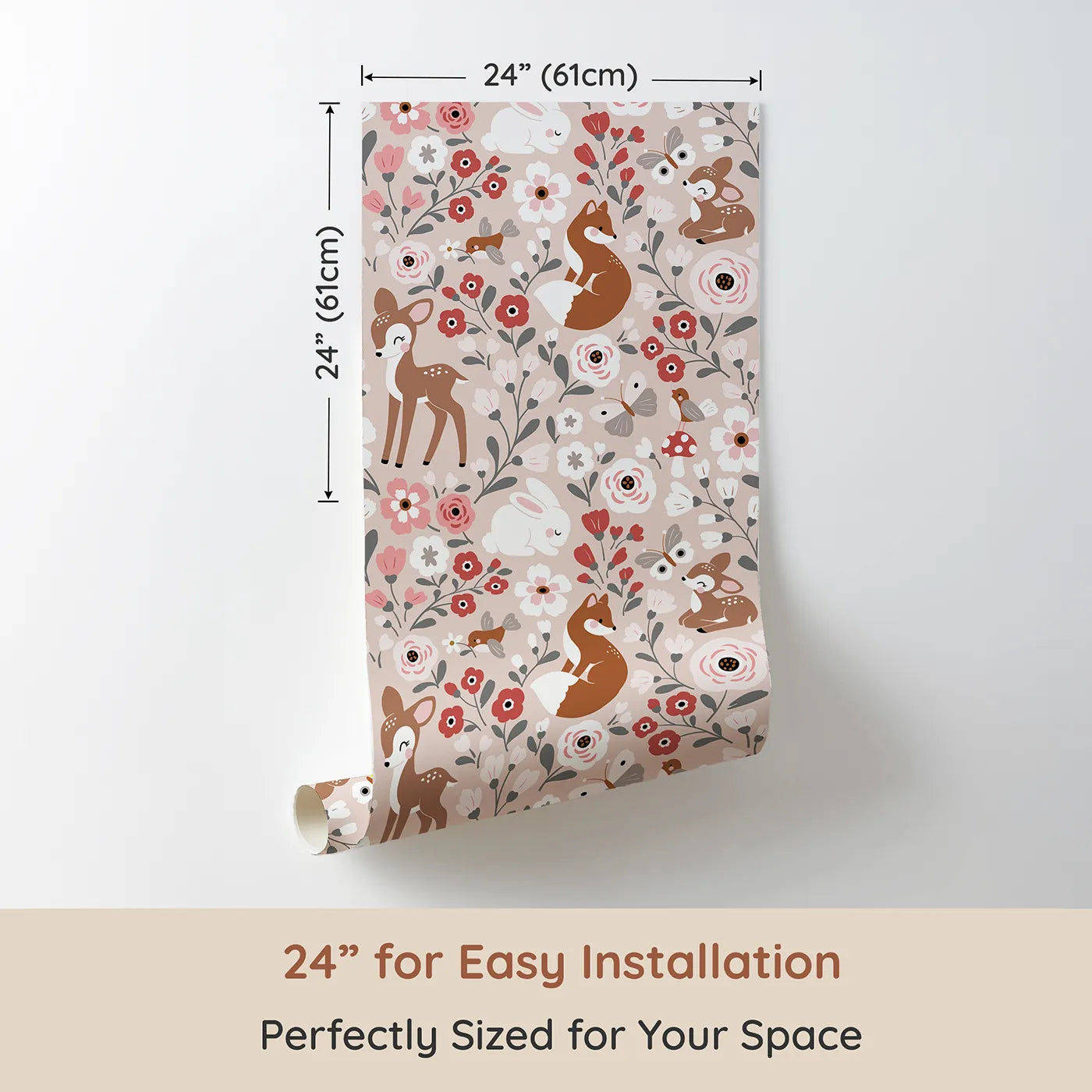 Dimension view of Whimsy Tots Blush Woodland Friends Garden Wallpaper (W2257). Printed in 24-inch-wide panel for easy installation. Where the cutest woodland creatures play among the flowers.
