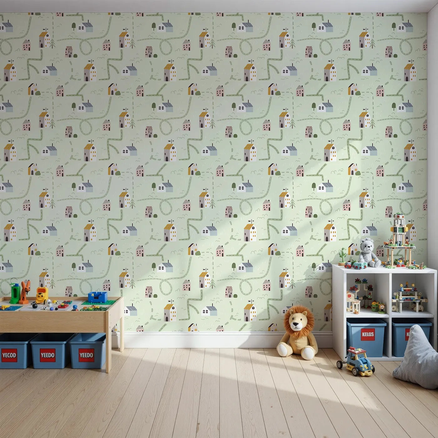 Front view of Whimsy Tots' Winding Roads Village Map Wallpaper