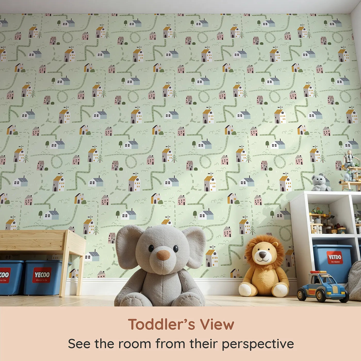 Whimsy Tots Winding Roads Village Map Wallpaper (W2258) from your child's view.Where winding roads connect a neighborhood of sweet, simple houses.
