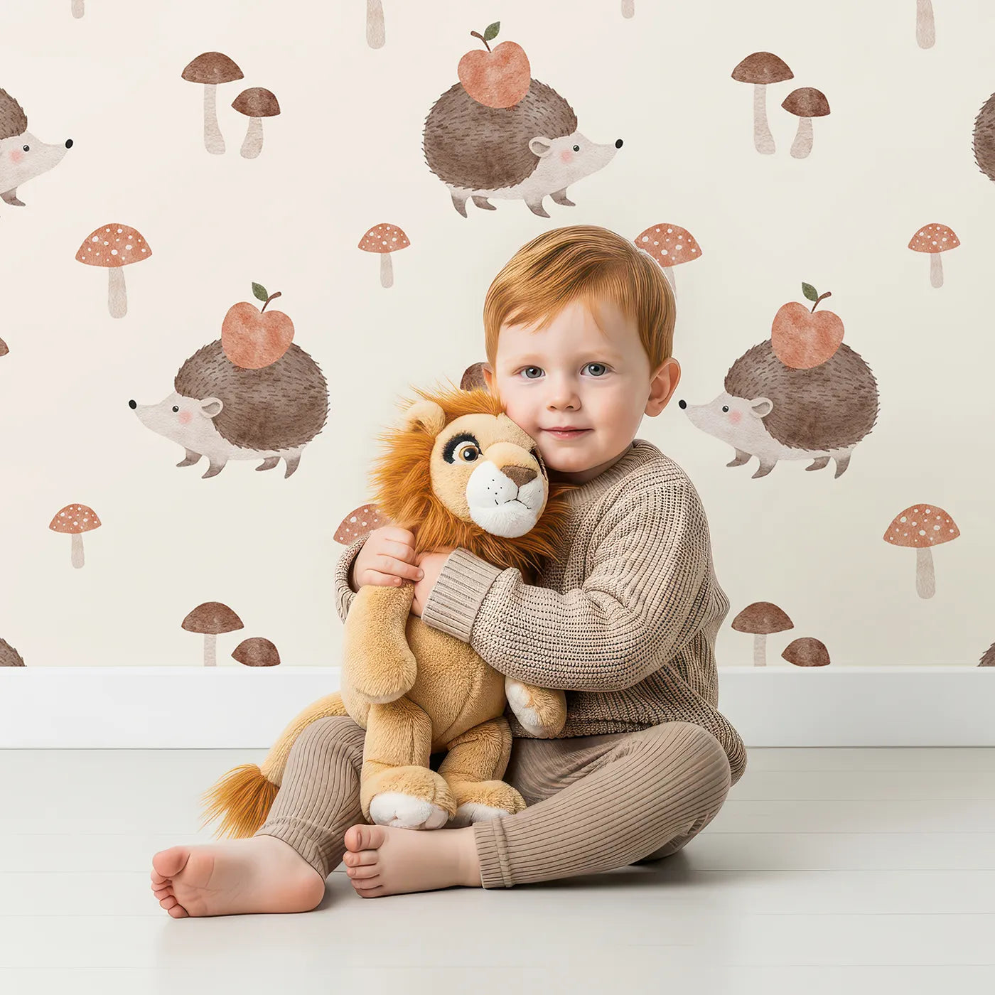 Lovely child standing in front of Whimsy Tots Autumn Hedgehog and Apple Wallpaper with hedgehog, apple, mushroom, watercolor, autumn in design.