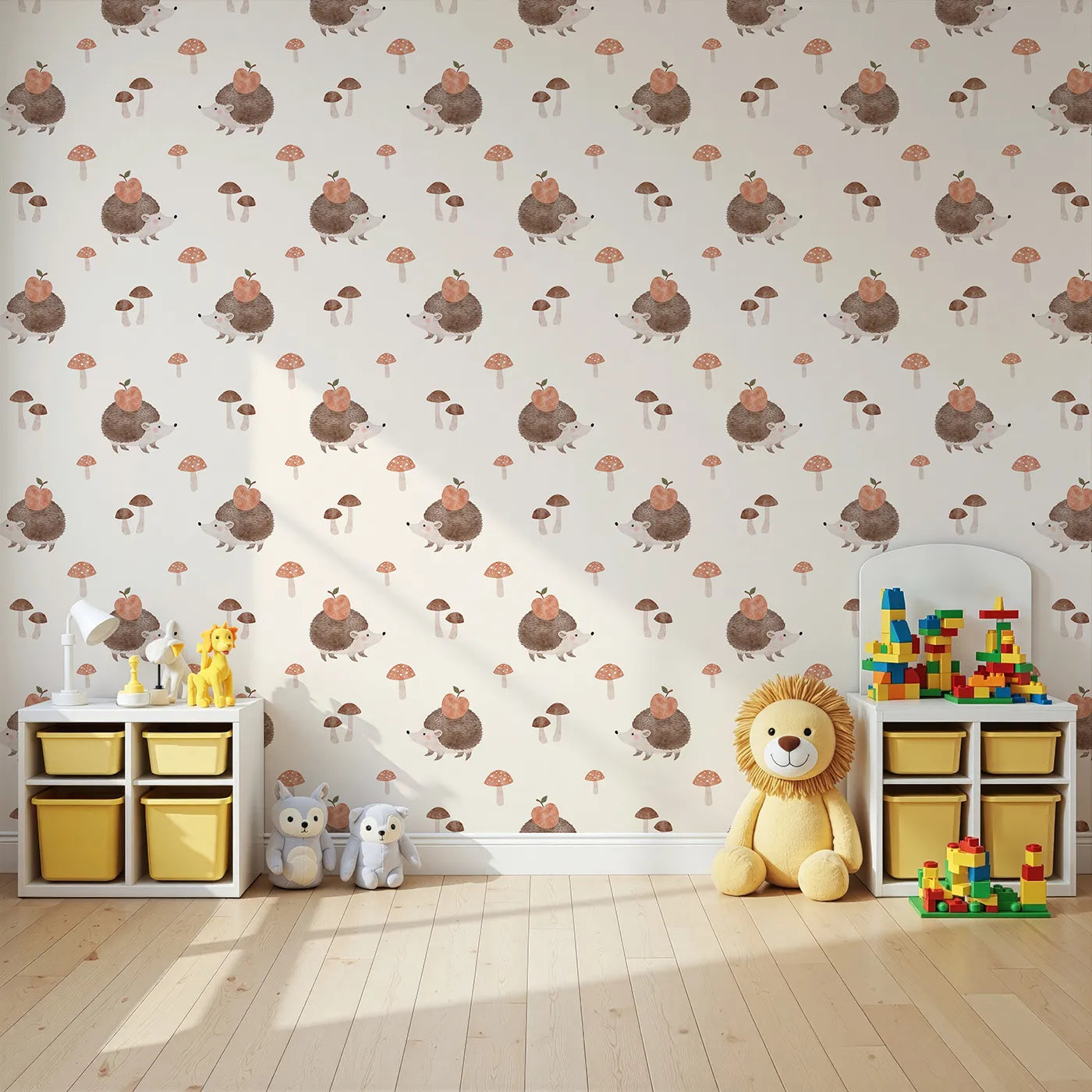 Angled view of Whimsy Tots' Autumn Hedgehog and Apple Wallpaper (W2259).Where a sweet little hedgehog is gathering apples for the winter.