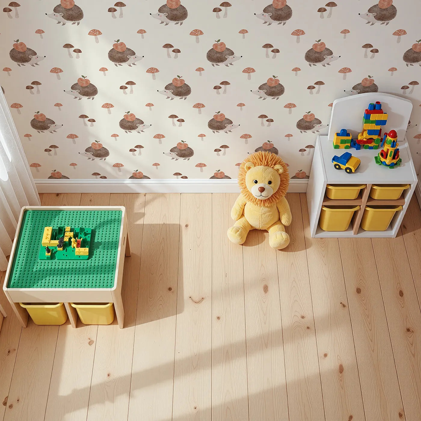 Top-Down view of Whimsy Tots' Autumn Hedgehog and Apple Wallpaper (W2259).Where a sweet little hedgehog is gathering apples for the winter.