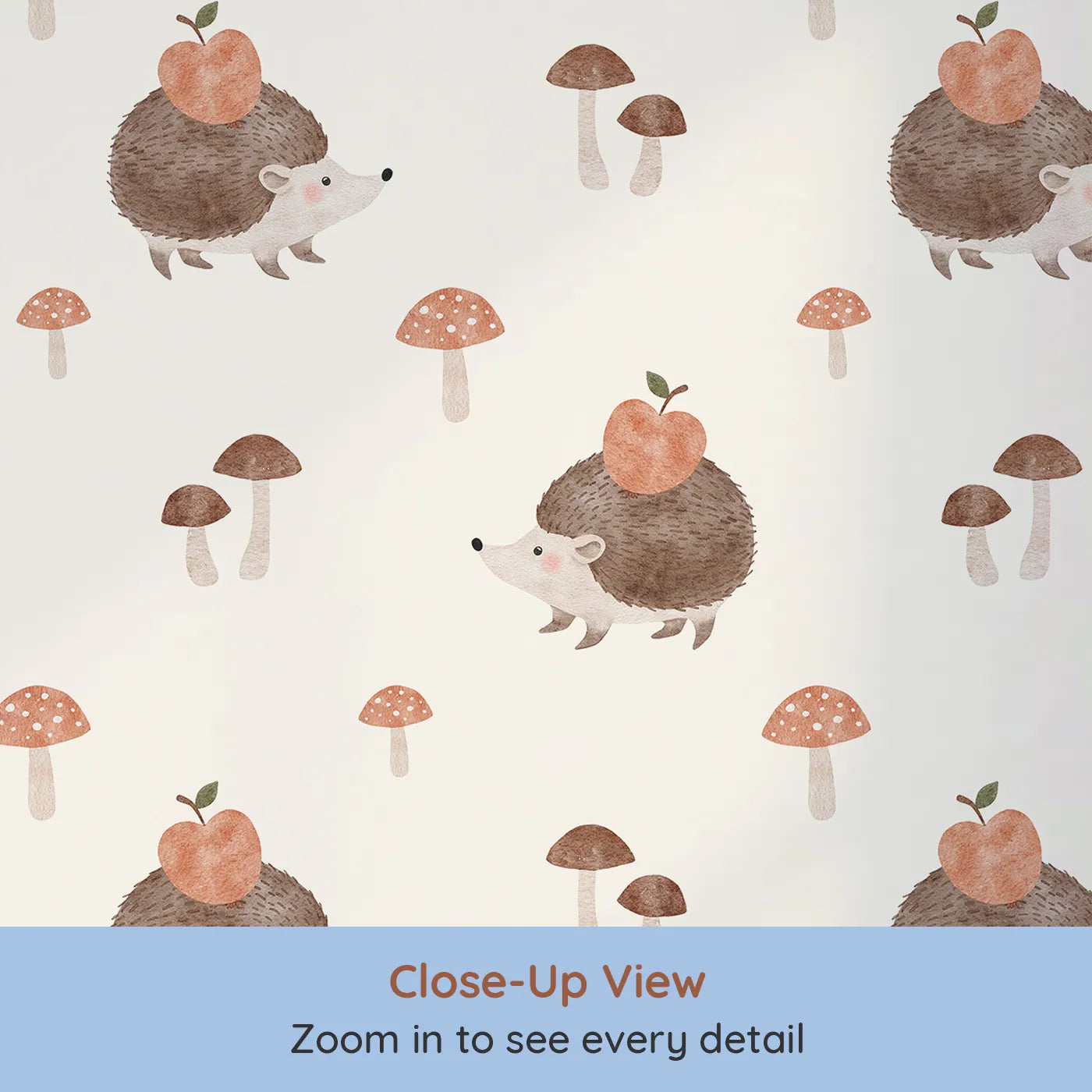 Close-up view of Whimsy Tots' Autumn Hedgehog and Apple Wallpaper (W2259).Where a sweet little hedgehog is gathering apples for the winter.