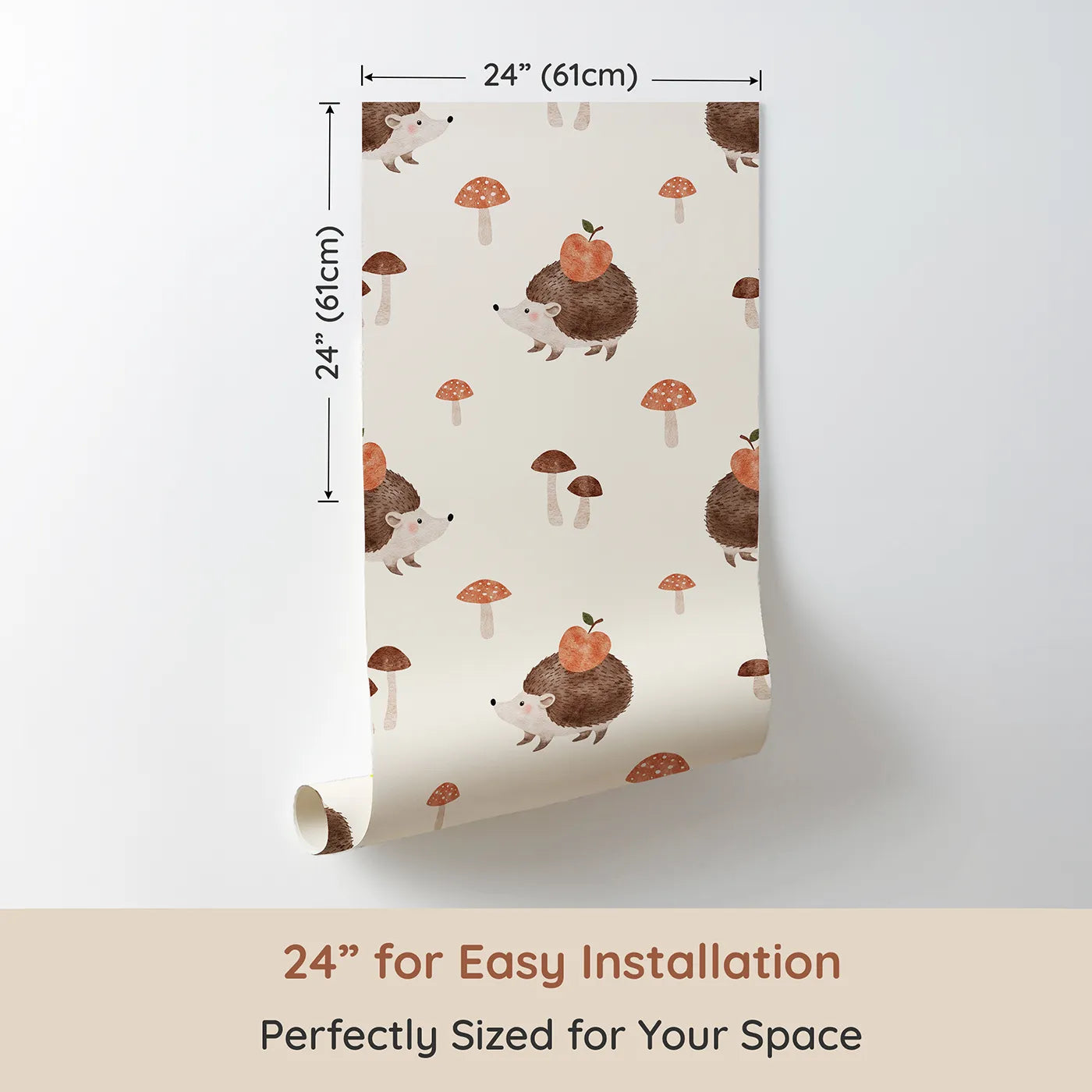 Dimension view of Whimsy Tots Autumn Hedgehog and Apple Wallpaper (W2259). Printed in 24-inch-wide panel for easy installation. Where a sweet little hedgehog is gathering apples for the winter.