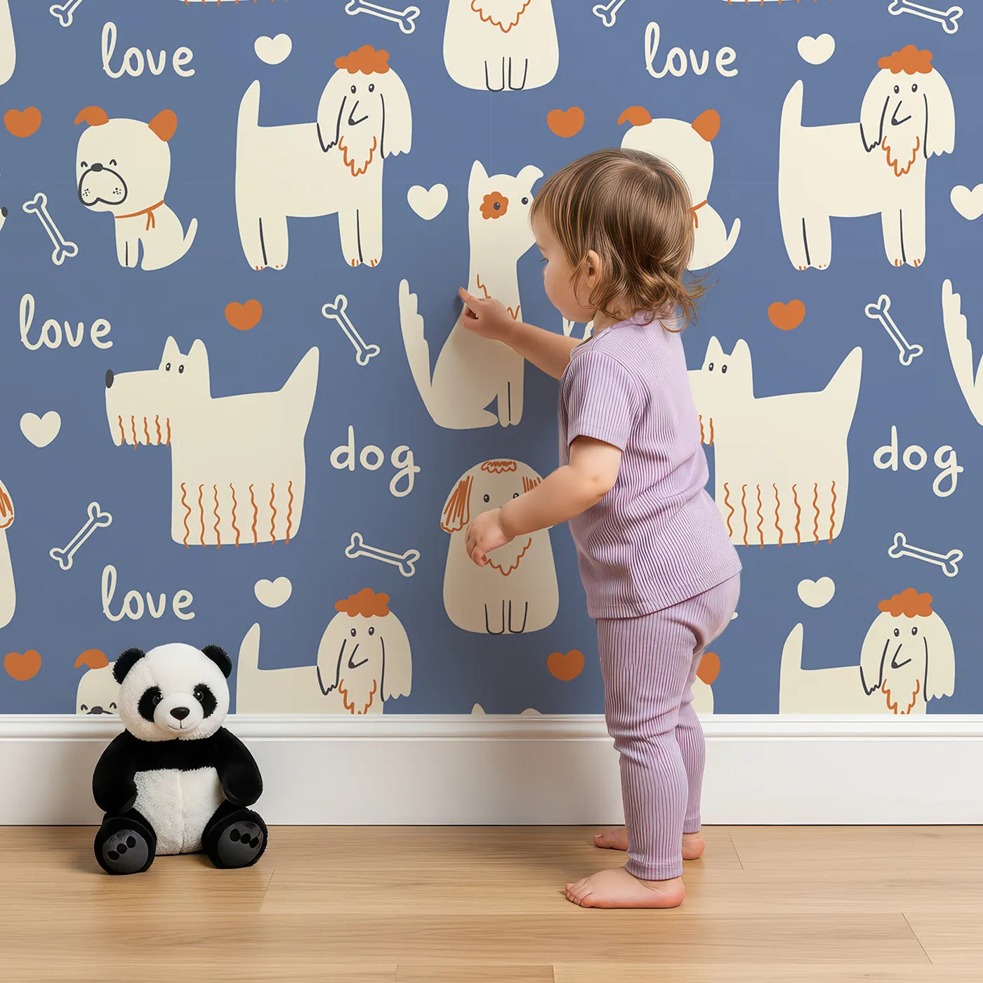 Lovely child standing in front of Whimsy Tots Doggy Love Doodle Wallpaper with dog, love, doodle, cute, pet in design.