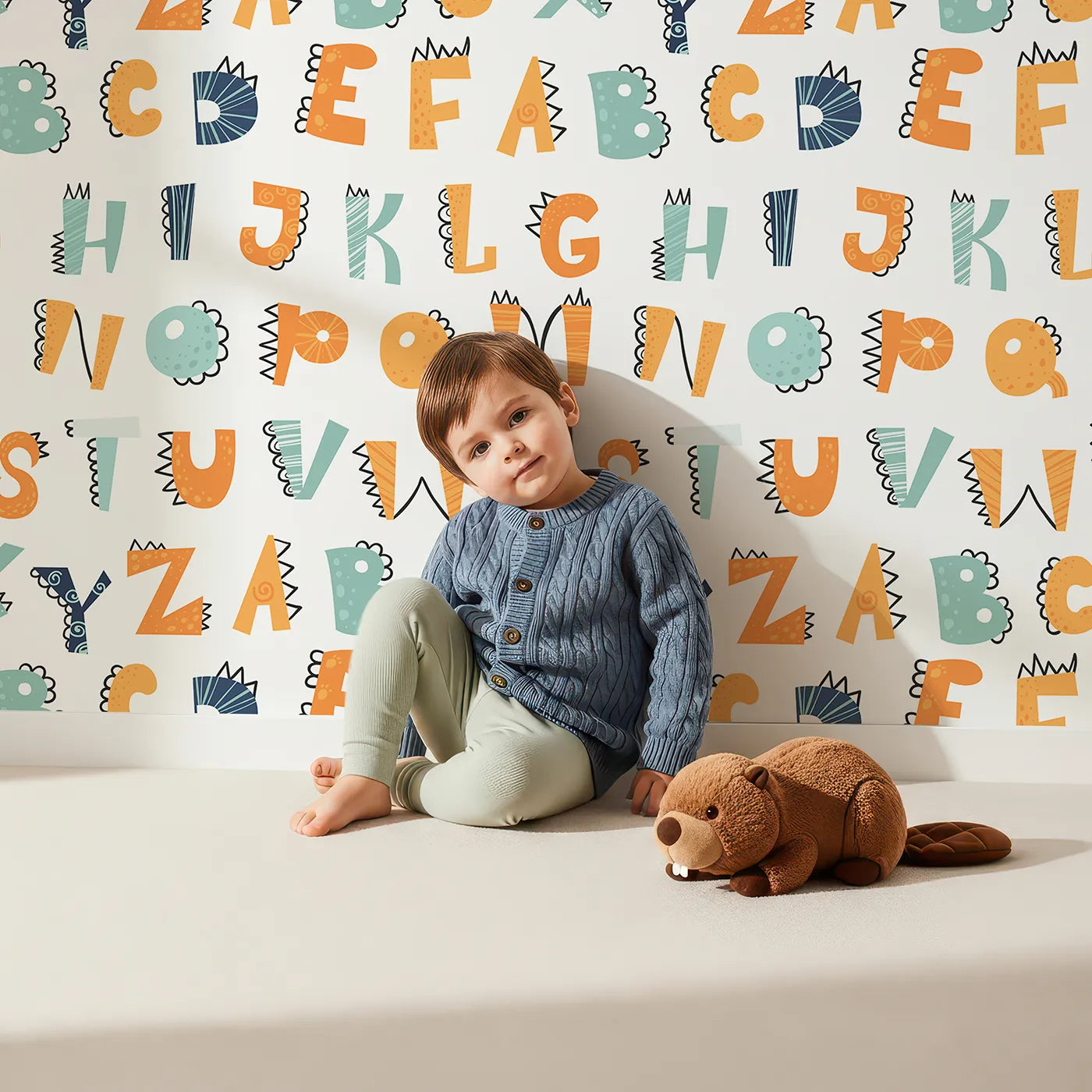 Lovely child standing in front of Whimsy Tots Dino Spikes Alphabet Wallpaper with dinosaur, alphabet, letter, learning, spike in design.