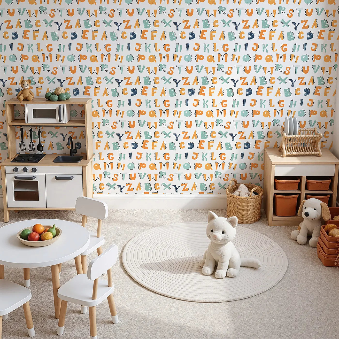 Top-Down view of Whimsy Tots' Dino Spikes Alphabet Wallpaper (W2261).Where every letter has a fun, dinosaur-inspired twist.