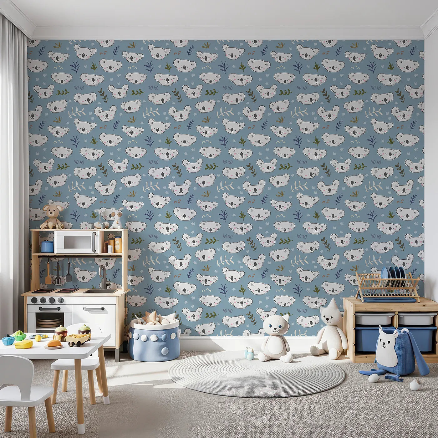 Front view of Whimsy Tots' Sleepy Koala Faces Wallpaper