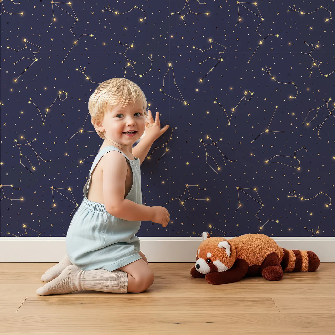 Lovely child standing in front of Whimsy Tots Golden Constellation Sky Wallpaper with constellation, star, space, gold, zodiac in design.