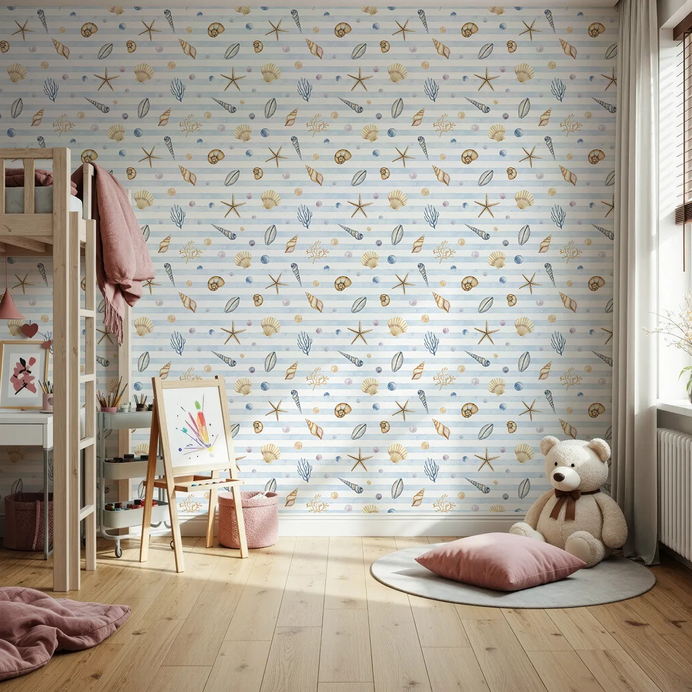 Front view of Whimsy Tots' Watercolor Seashell Stripes Wallpaper