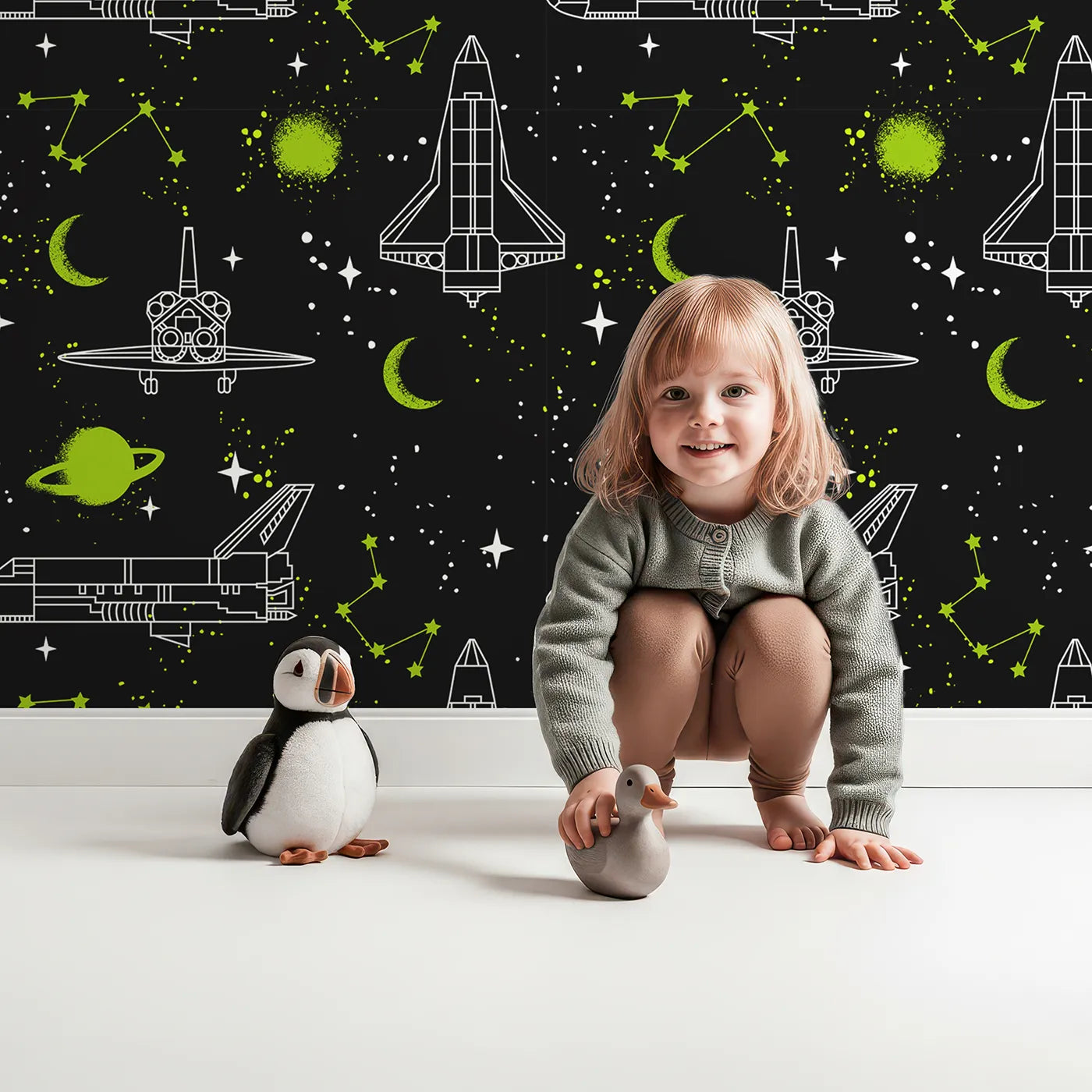 Lovely child standing in front of Whimsy Tots Graffiti Space Shuttle Wallpaper with space, space shuttle, graffiti, neon, black in design.