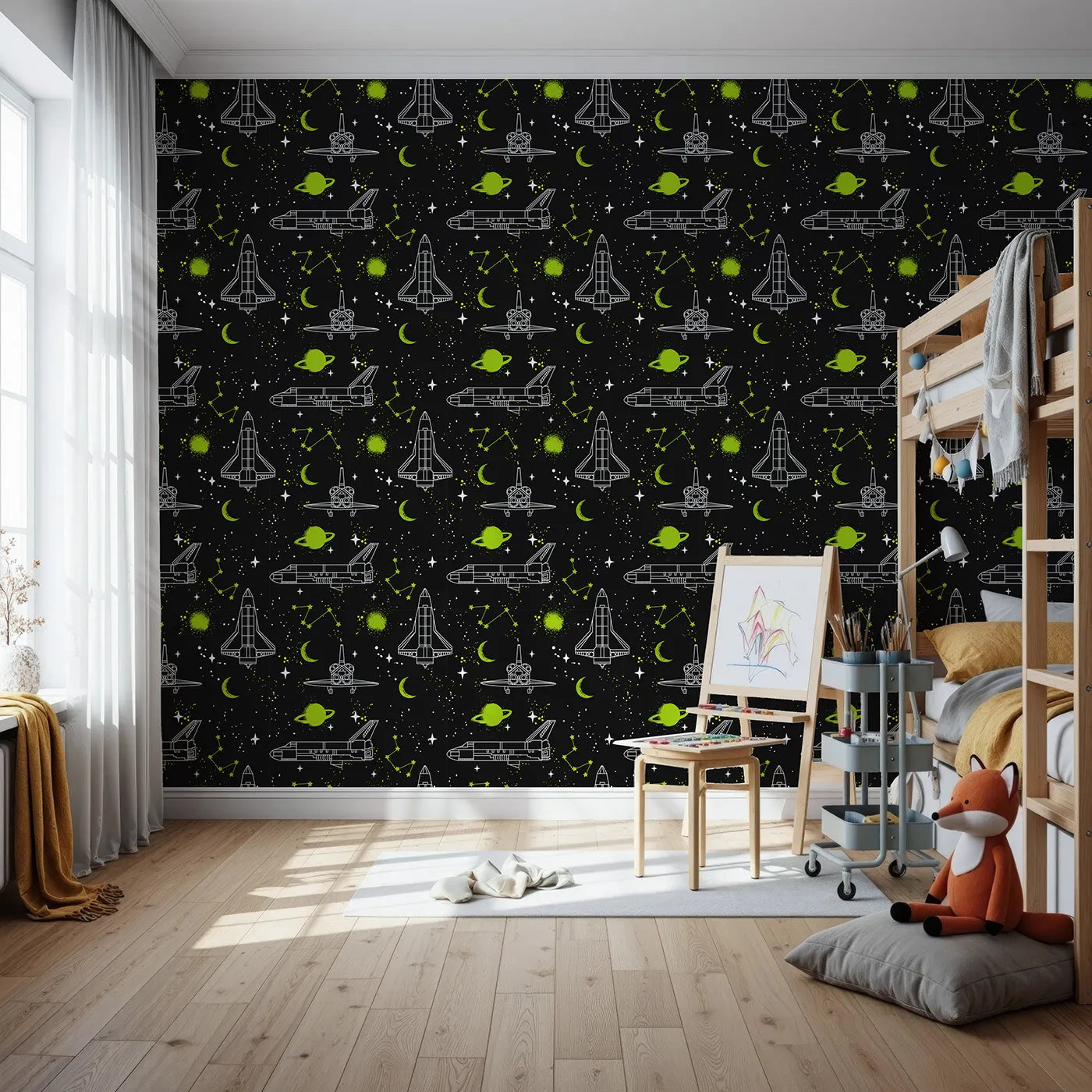 Front view of Whimsy Tots' Graffiti Space Shuttle Wallpaper