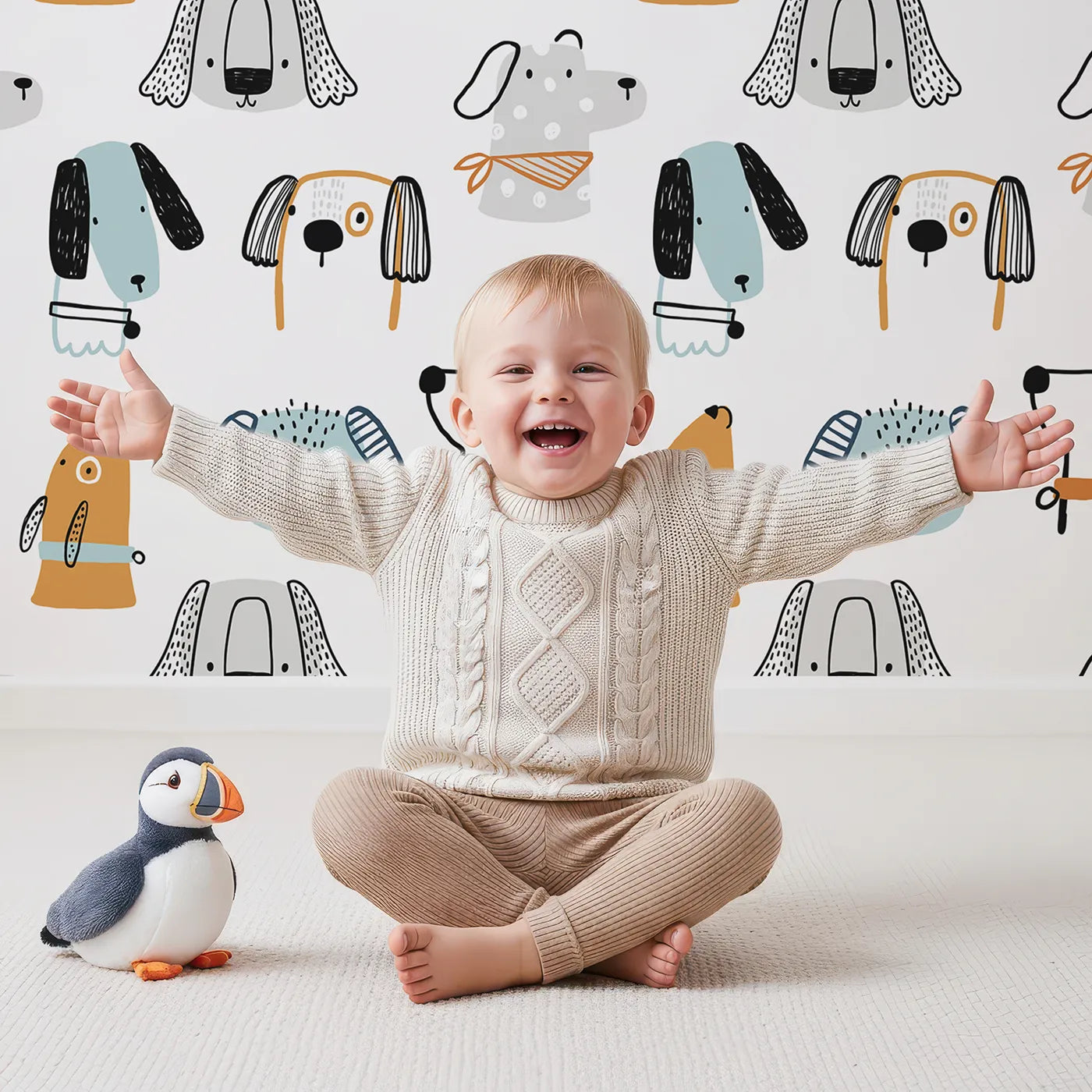 Lovely child standing in front of Whimsy Tots Quirky Dog Portraits Wallpaper with dog, puppy, doodle, modern, portrait in design.