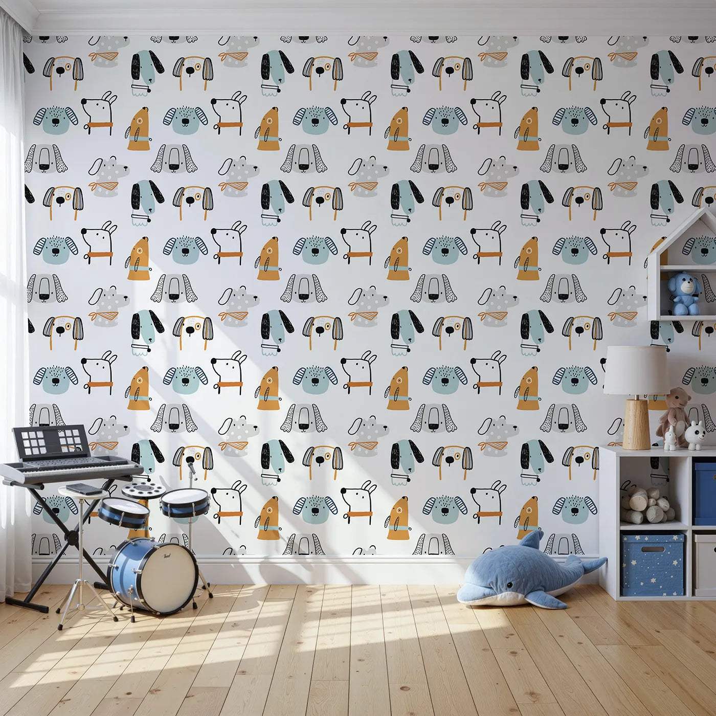 Front view of Whimsy Tots' Quirky Dog Portraits Wallpaper