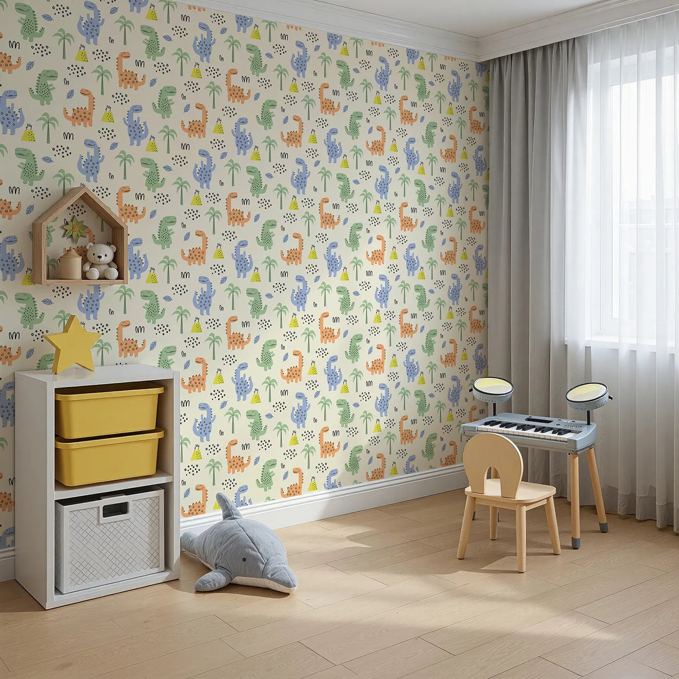 Angled view of Whimsy Tots' Playful Dino Volcano Land Wallpaper (W2268).Where happy dinosaurs play among the palm trees and volcanoes.