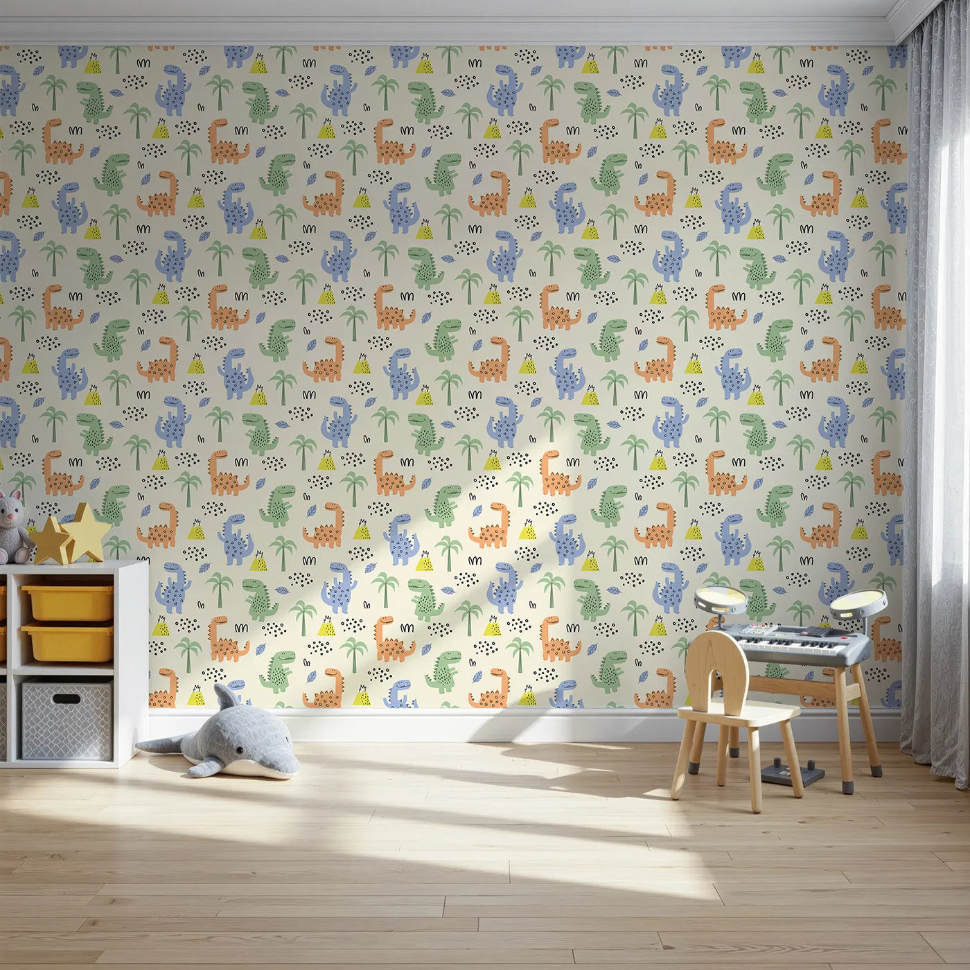 Front view of Whimsy Tots' Playful Dino Volcano Land Wallpaper