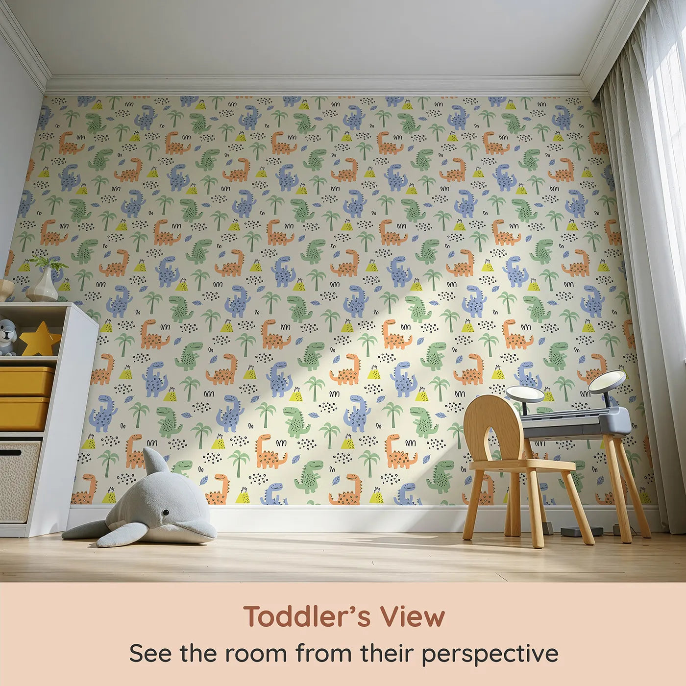 Whimsy Tots Playful Dino Volcano Land Wallpaper (W2268) from your child's view.Where happy dinosaurs play among the palm trees and volcanoes.