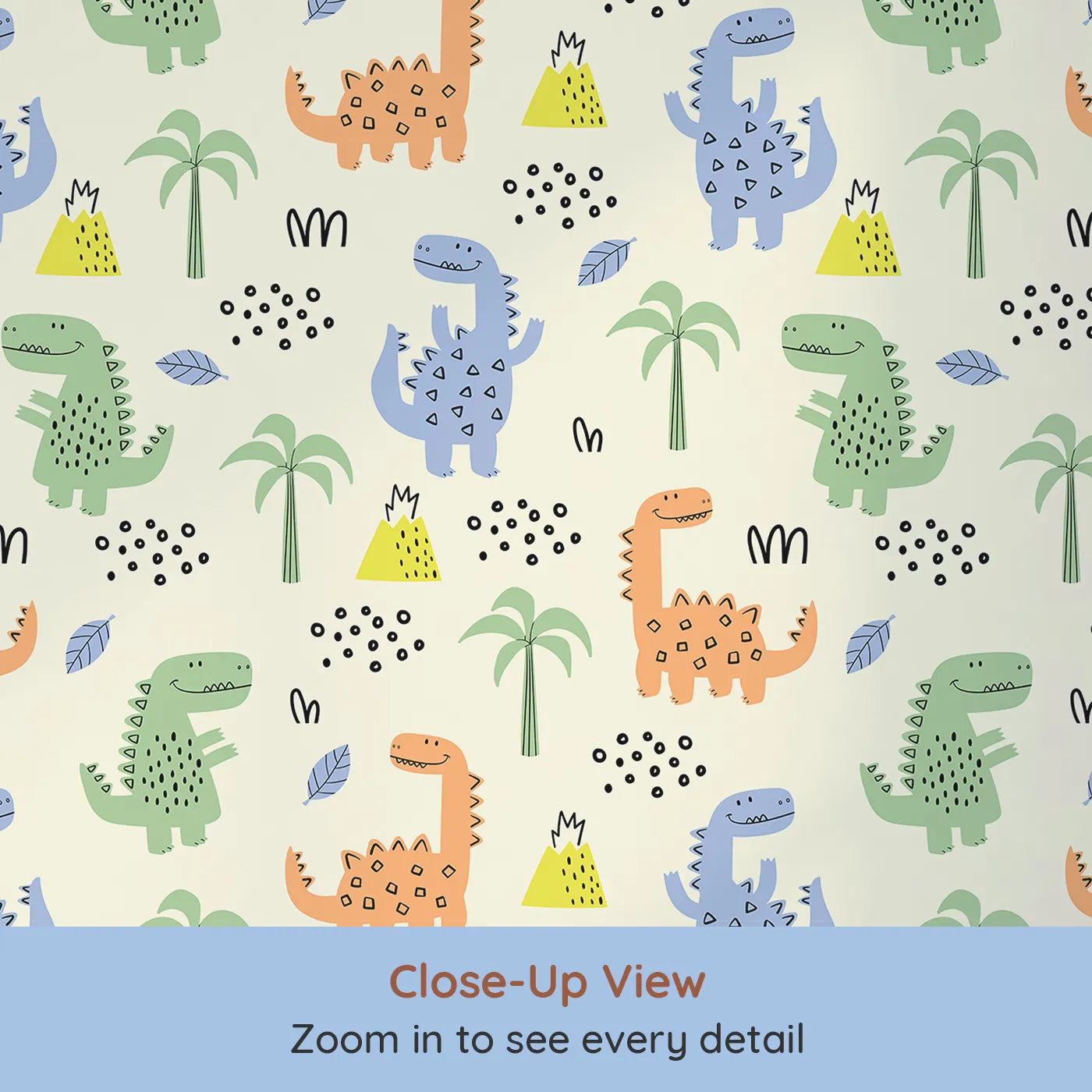 Close-up view of Whimsy Tots' Playful Dino Volcano Land Wallpaper (W2268).Where happy dinosaurs play among the palm trees and volcanoes.