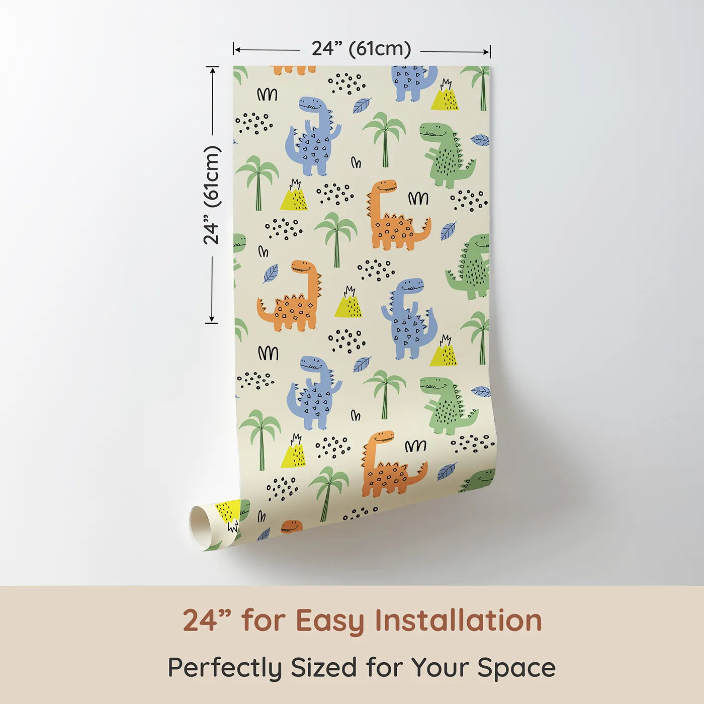 Dimension view of Whimsy Tots Playful Dino Volcano Land Wallpaper (W2268). Printed in 24-inch-wide panel for easy installation. Where happy dinosaurs play among the palm trees and volcanoes.