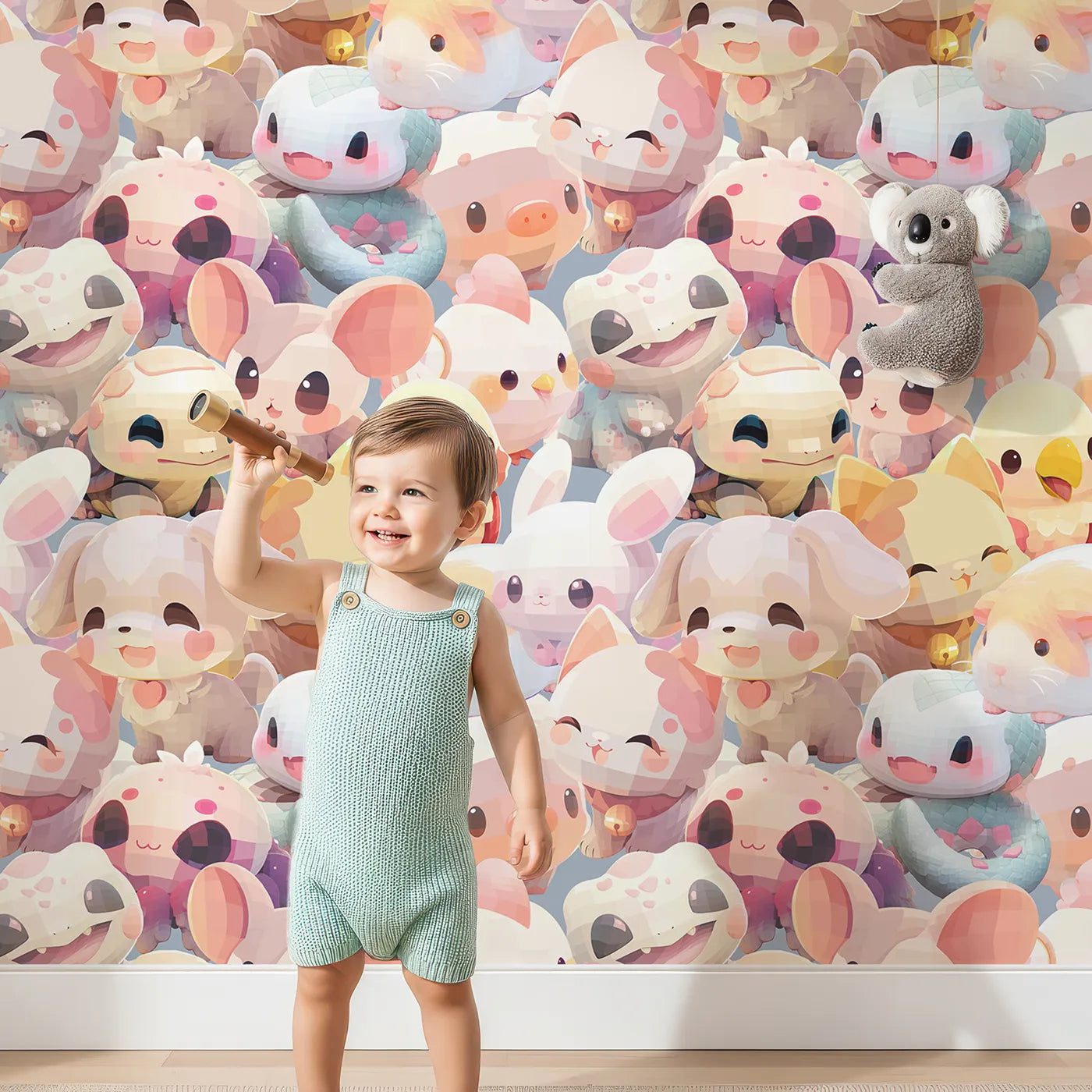 Lovely child standing in front of Whimsy Tots Kawaii Animal Friends Wallpaper with kawaii, cute, animal, chibi, pastel in design.