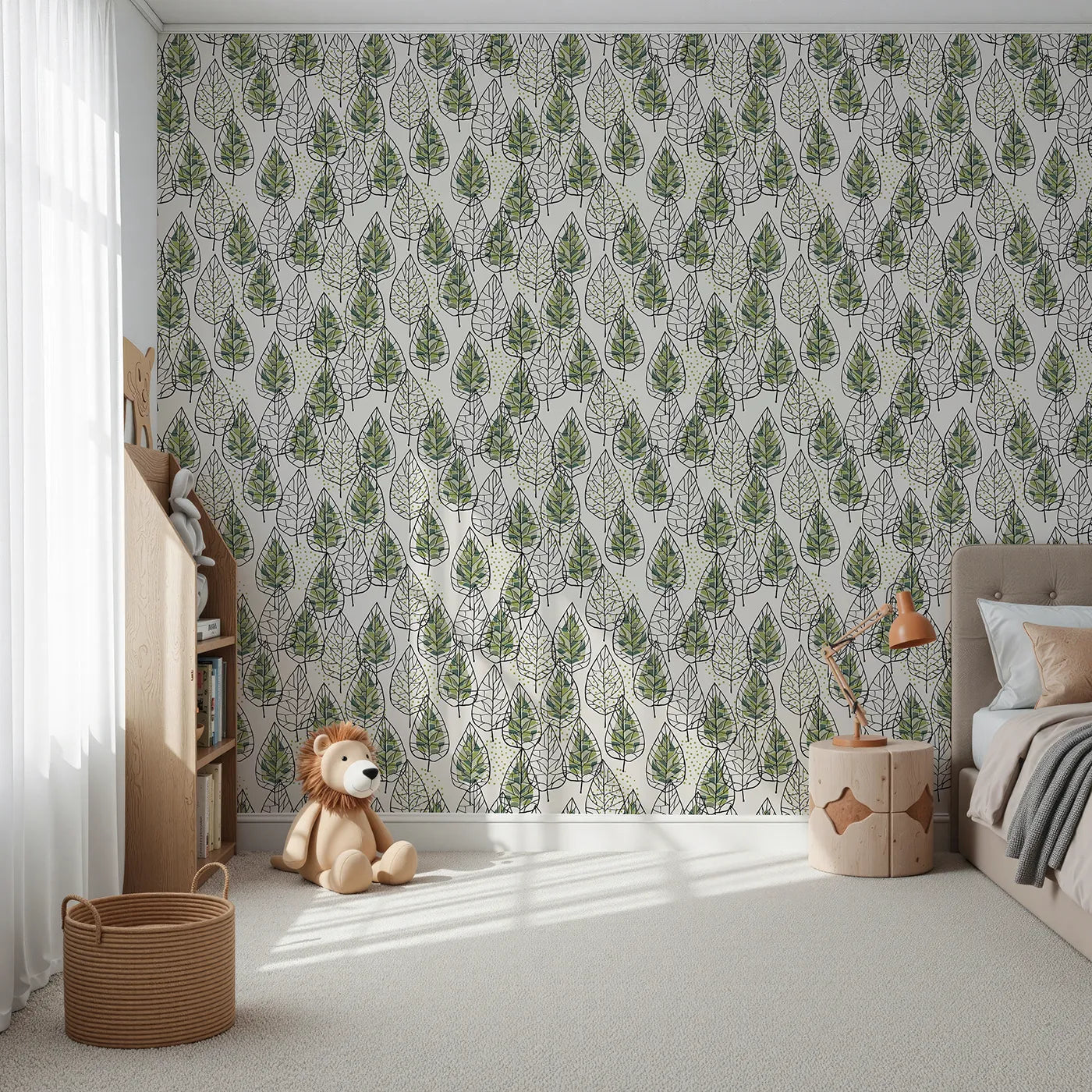 Front view of Whimsy Tots' Modern Stained Glass Leaves Wallpaper